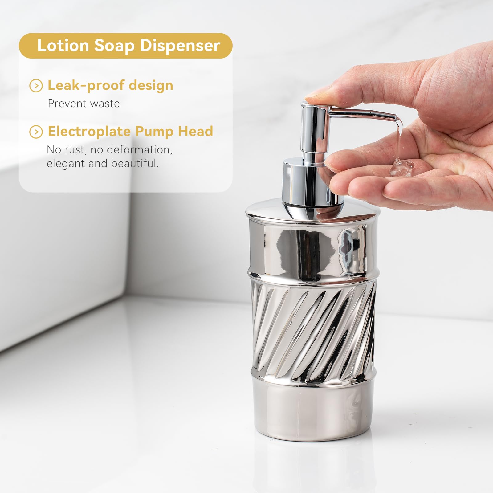Juego de accesorios de baño de cerámica de 3 piezas, dispensador de jabón, soporte para cepillo de dientes y jabonera con diseño moderno en relieve de ondas para juego de accesorios de baño (plateado)
