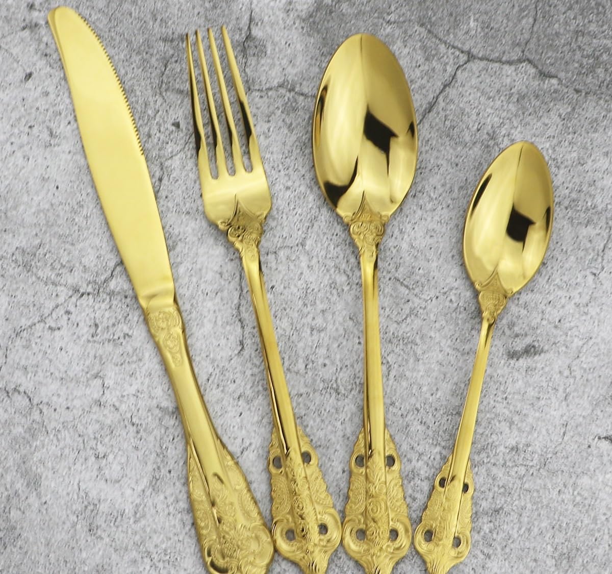 Besteck-Set, 4/16/24/32/40/48-teilig, Tafelbesteck mit Palast-Prägung, goldenes Tafelbesteck, Messer-, Gabel- und Löffel-Set, Steakmesser und Gabel,Gold-8Set32Pcs