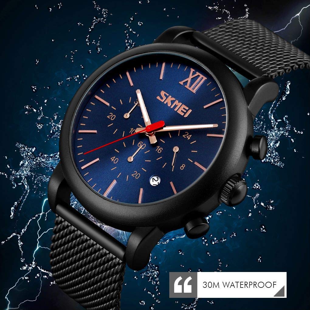 MASTOP Reloj de pulsera de cuarzo con correa de malla para hombre, de acero inoxidable, cronómetro, visualización de fecha, militar, resistente al agua