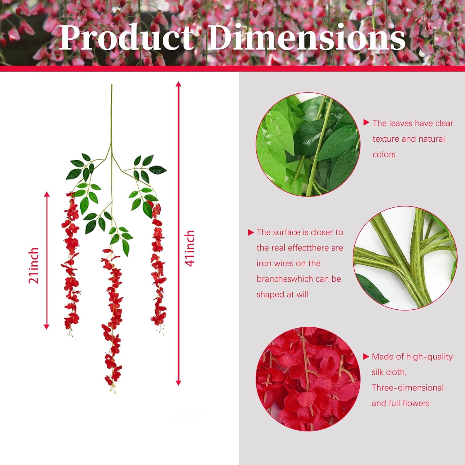 36 Pack Red Wisteria Hanging Flowers, 3.44 Ft Fake Hanging Flowers, Artificial Wisteria Garland Vines for Wedding Room Backdrop Outdoor Patio Garden Valentine's Decoration - Image 2