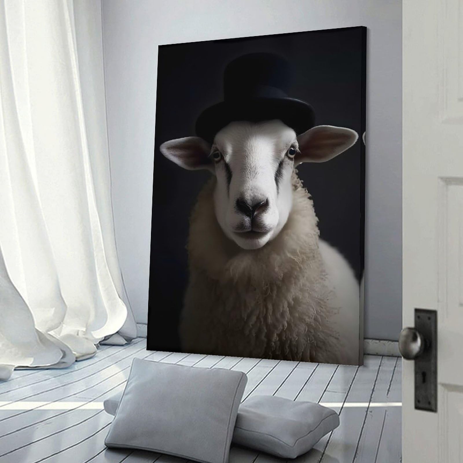 Junmoney Canvas Wall Decor Sheep with Top Hat, 20x30inch(50x75cm), for Restful Interiors, Bedrooms Or Small Rooms, Canvas Wall Decor for Personal Spaces