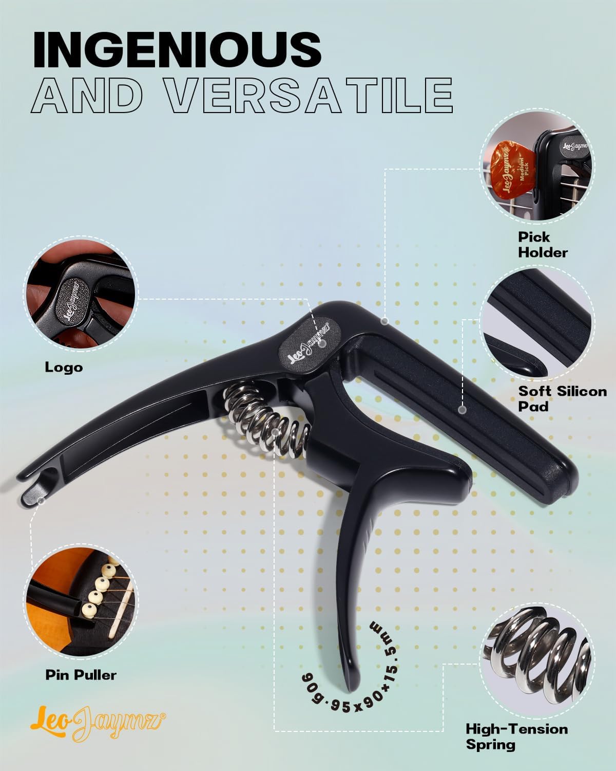 Leo Jaymz Heavy Duty Guitar Capo for Acoustic/Electric Guitars, Guitar Clip made of Zinc Alloy Metal, Guitar Clamp for Bass Classical Guitar, Ukulele, Mandolin,Banjo (Black) image 3