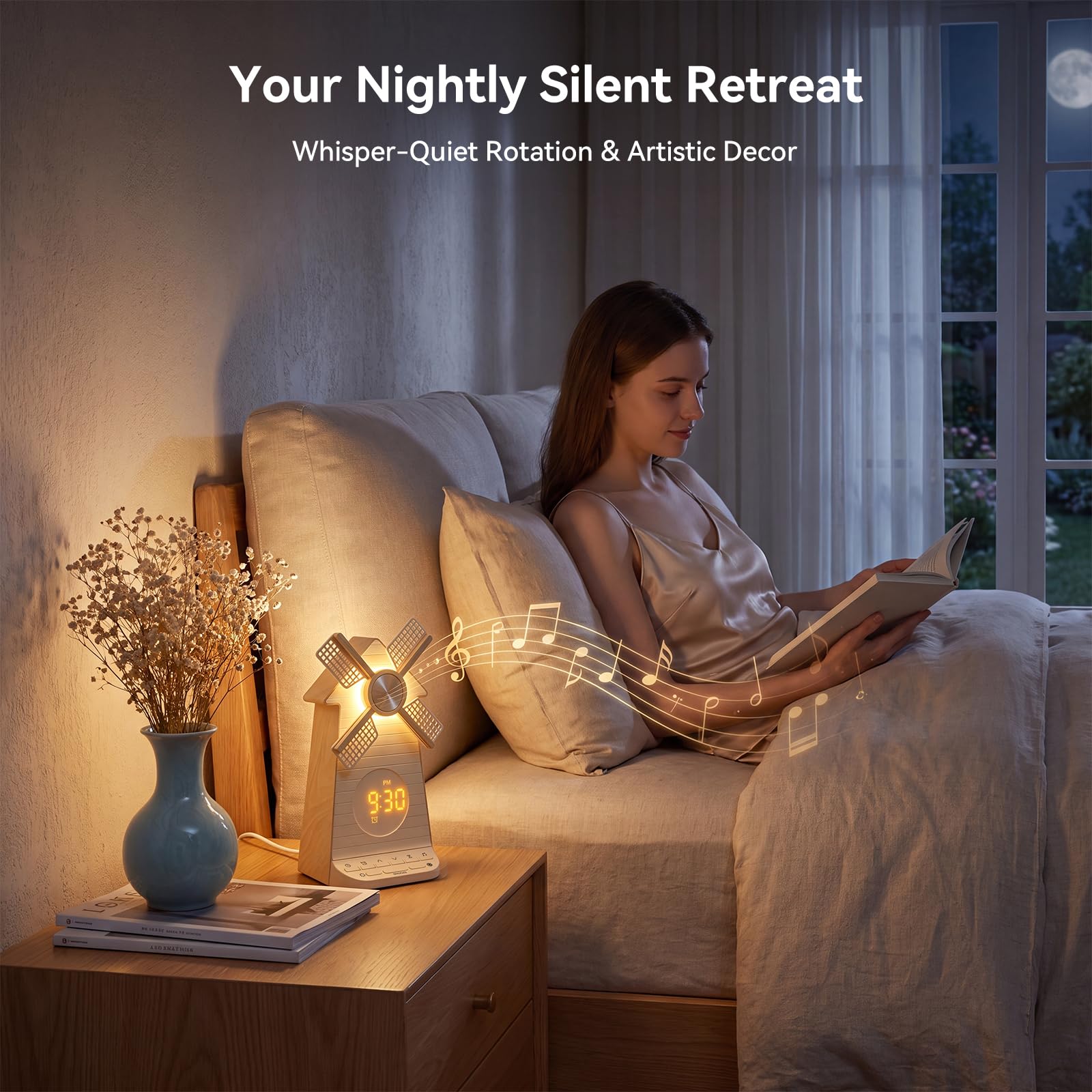 RETEYUNG Despertador Molino Viento Giratorio Amanecer, Puerto Carga USB | Reloj Despertador, Luz Nocturna, Alarma LED con Función Snooze, 20 Sonidos Relajantes, Regalo para Niños y Adultos