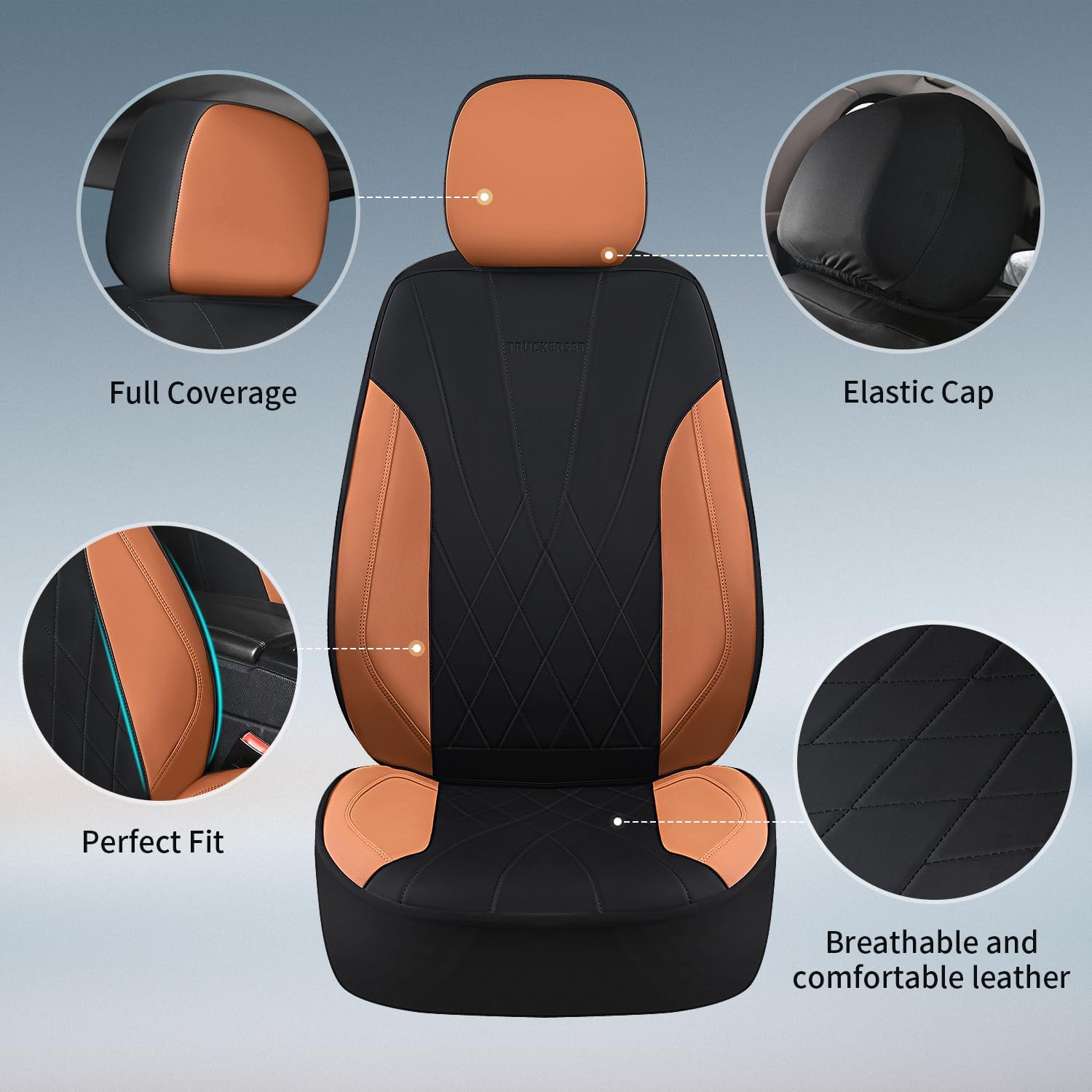 Car Seat Covers Full Set, Leather Car Seat Cushion, Ultra-Thin Breathable Materials, Suitable for Most Car SUV/Truck/Sedan/Automotive (Brown + Black, Two-Piece)