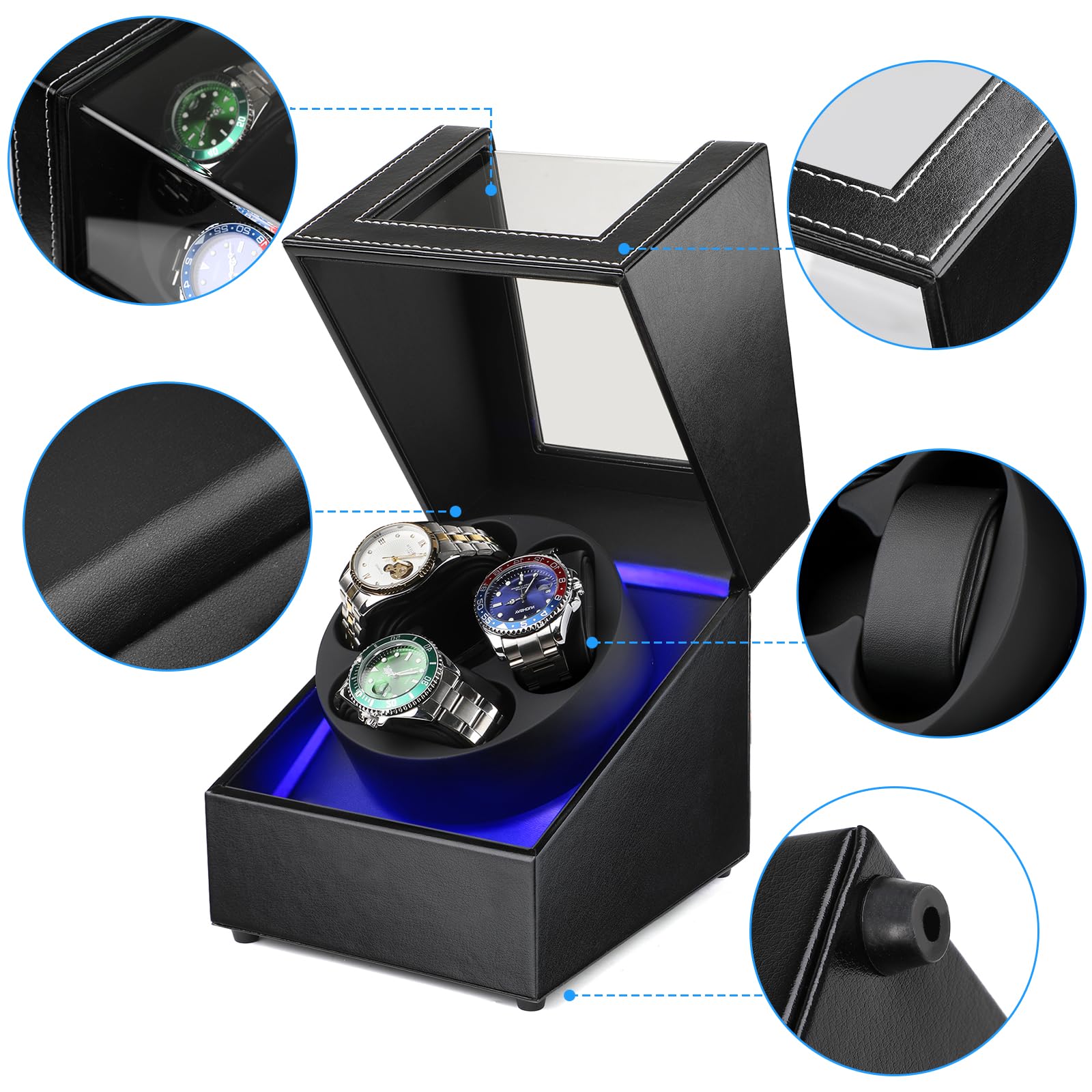 Anyasun Uhrenbeweger für Automatikuhren, 3 Uhrenbeweger Box mit LED-Display, ultra-leiser japanischer Motor, 4 Rotationsmodi, Uhrenhai für Männer und Frauen, USB-C-Stromversorgung