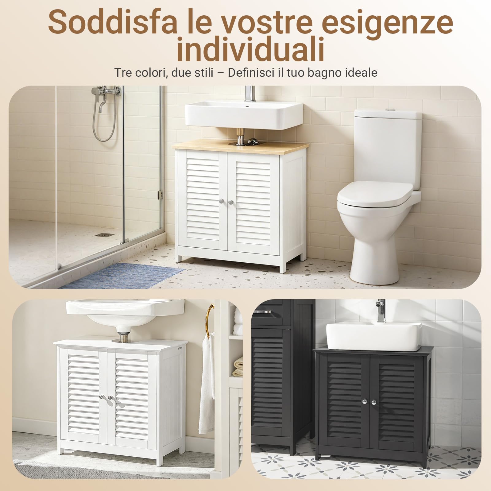 SoBuy Mobile Bagno Salvaspazio Sottolavabo 2 Ante Tapparelle 60x35x59cm | Mobiletto Bagno per Lavabo con Ante In Stile Tapparelle, Bianco-Naturale, L60P35A59cm, FRG237-WN
