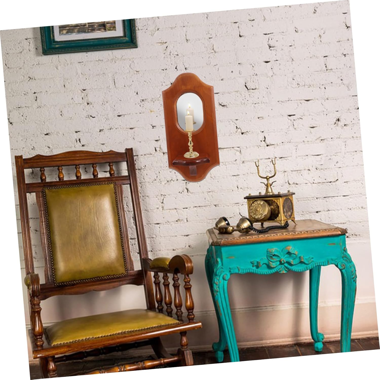 Solid Wood Candle Holder Mirror Wall Decor Antique Table Hanging Outdoor