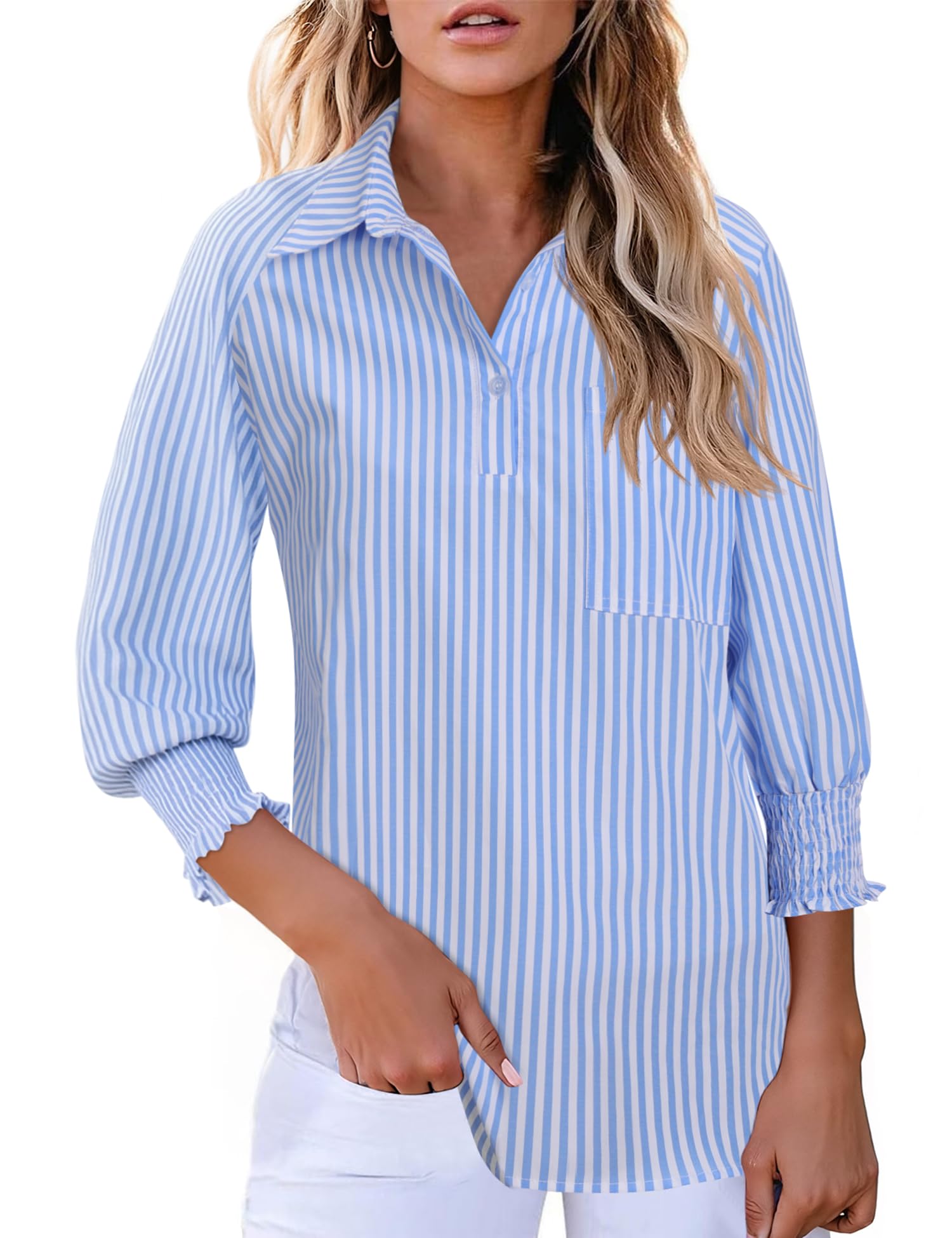 Kistore Womens Button Down Shirts 3/4 Sleeve Smocked Cuffed Business Work Tunic Top with Pocket Collared Blouses