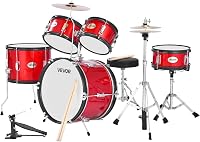 VEVOR 5-Piece Kids Drum Set 16in Junior Kit with Adjustable Throne, Cymbals & Drumsticks - Beginner Drums for Ages 6-13, Red