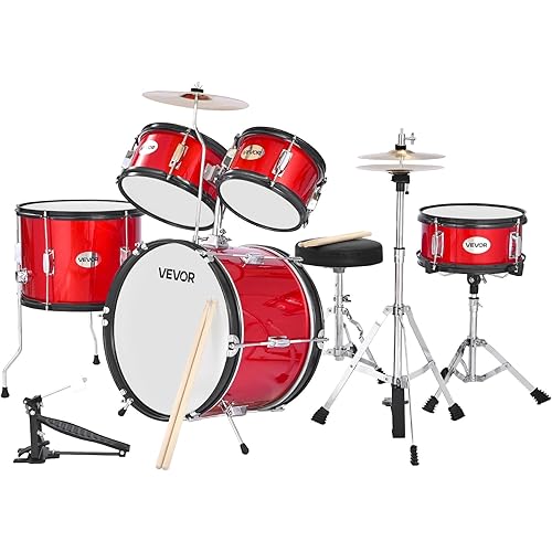 VEVOR Kids Drum Set, 5-Piece 16 in Junior Drum Sets, Beginner Drums Set with Adjustable Throne, Cymbal & Two Pairs of Drumsticks, Musical Learning Drums Instruments Kit, for Children Ages 6-13 (Red)