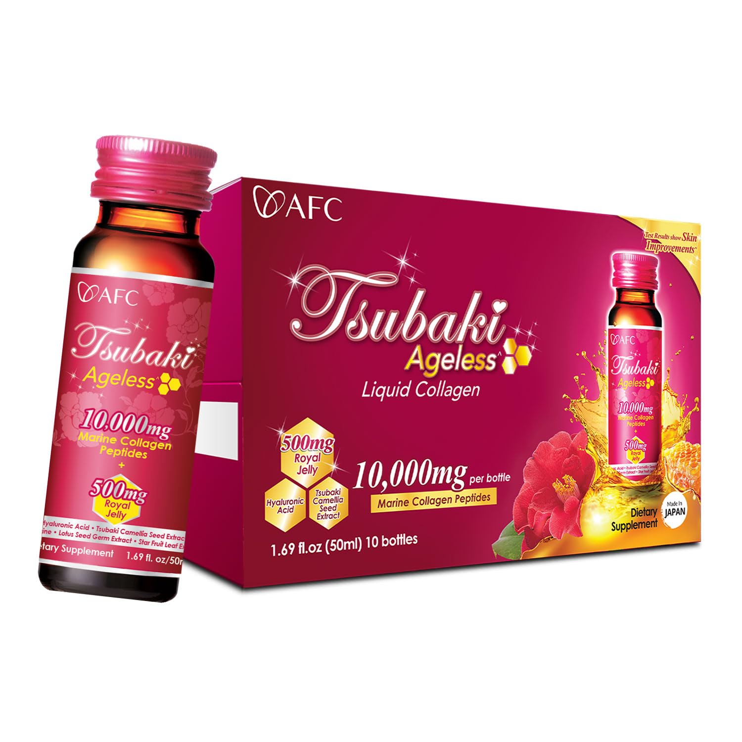 AFC Japan Tsubaki Ageless Beauty Collagen Drink from Japan with 10,000mg Marine Collagen Peptides + 500mg Royal Jelly + Hyaluronic Acid + Vitamin Bs & C for Skin Revitalization (1.69fl.ozx10 Bottles)