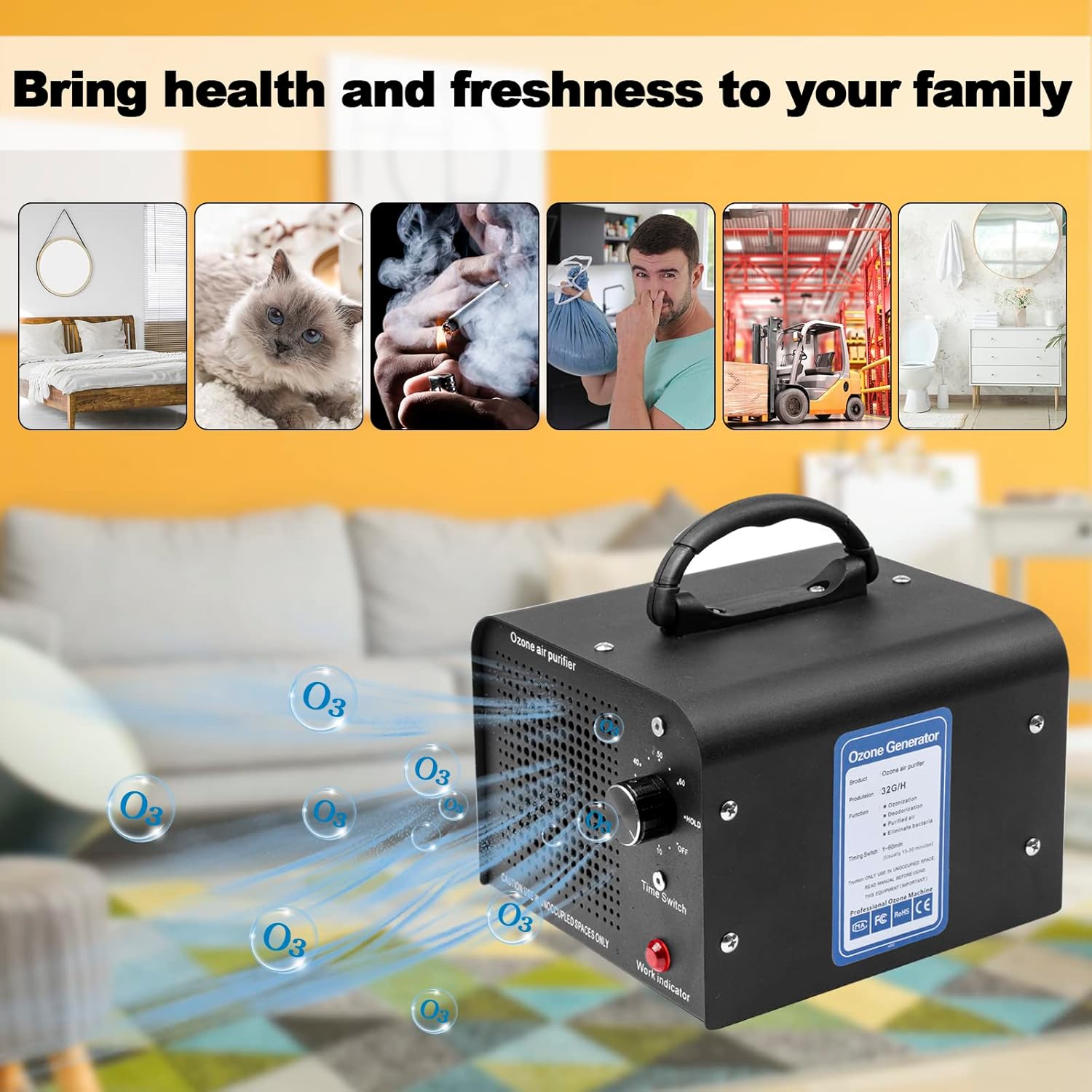 Ionizer Air Purifier, 32000mg/h, Deodorizer Odor Eliminator for Home Smoke Pet Car, Eliminate Odors Area up to 4000 Sq.Ft, Black