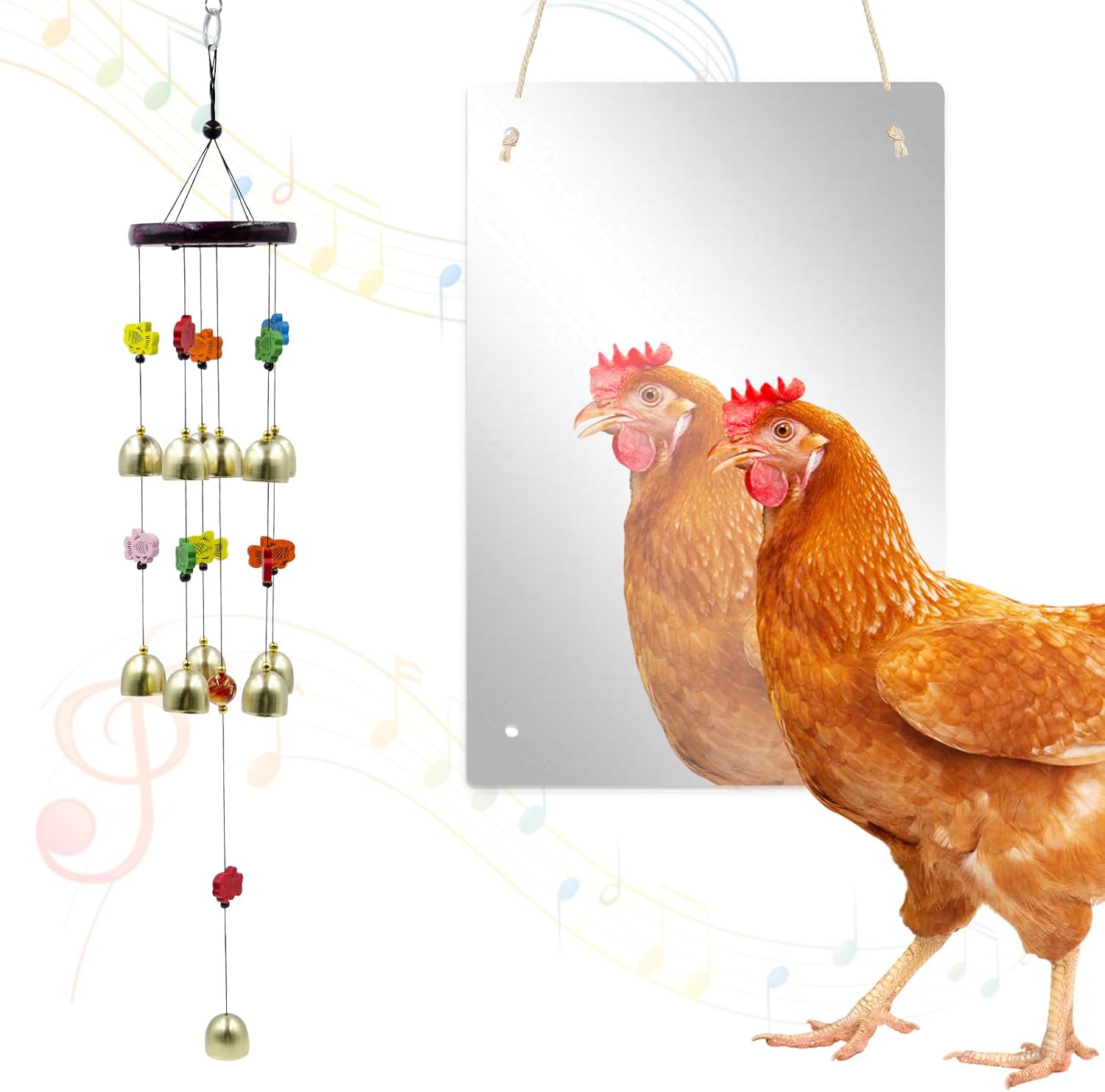 Chicken Coop Accessories, 2-in-1 Acrylic Mirror and Wind Chime Beak Toys Set, Chicken Toys for Coop, Enrichment Toys for Hens, Ducks, Geese, Turkeys, Poultry