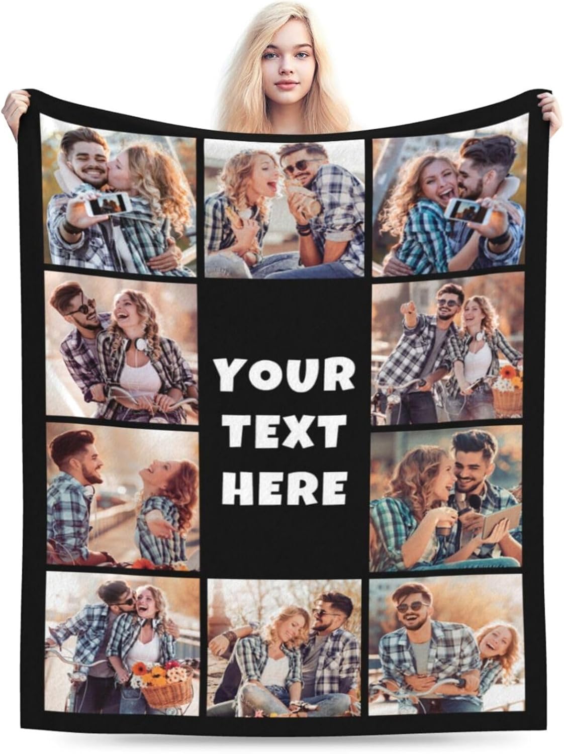 Customized Throw Blanket with Picture Name Personalized 1-10 Photos Fleece Blankets Soft Couch Bed Blanket Custom Birthday Valentines for Family Friends, 80"x60"