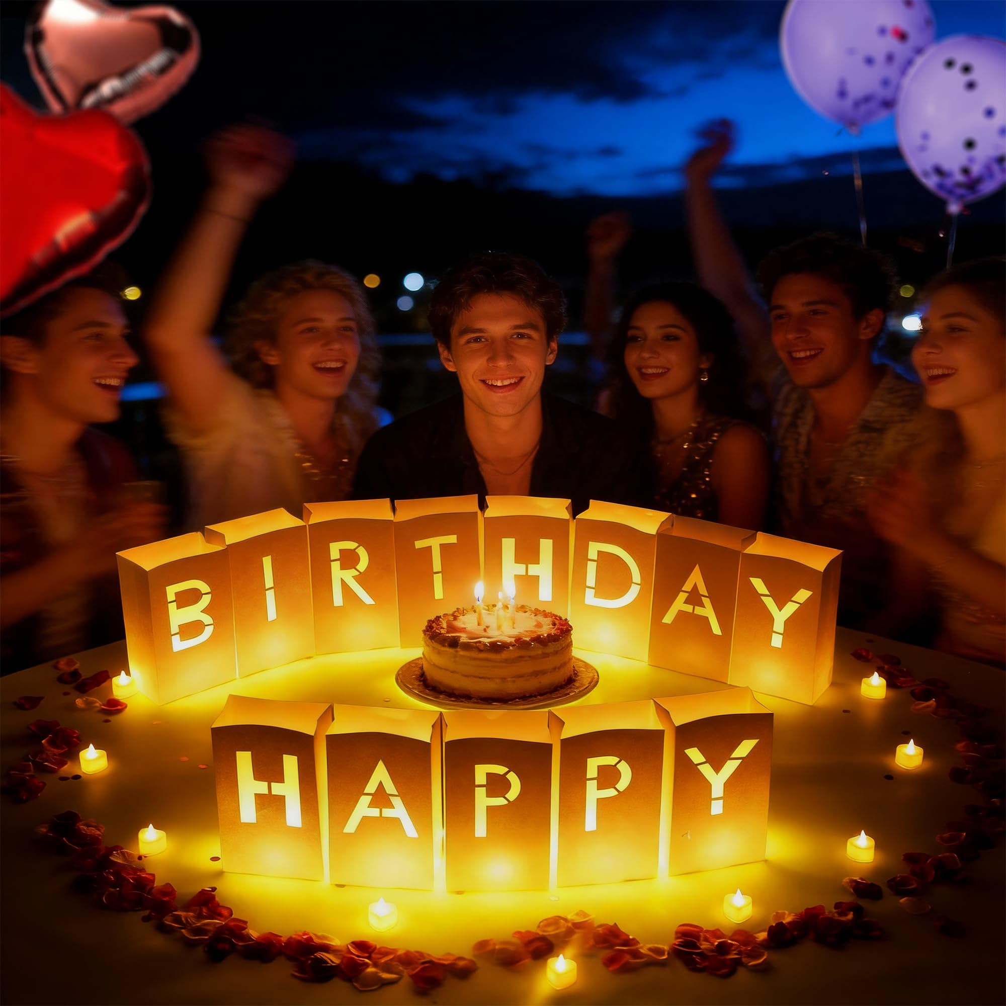 Bolsas luminosas con letras iluminadas de feliz cumpleaños con velas de té, globos de látex, globos de aluminio y pétalos de rosa, regalos sorpresa, decoración de cumpleaños para mujeres
