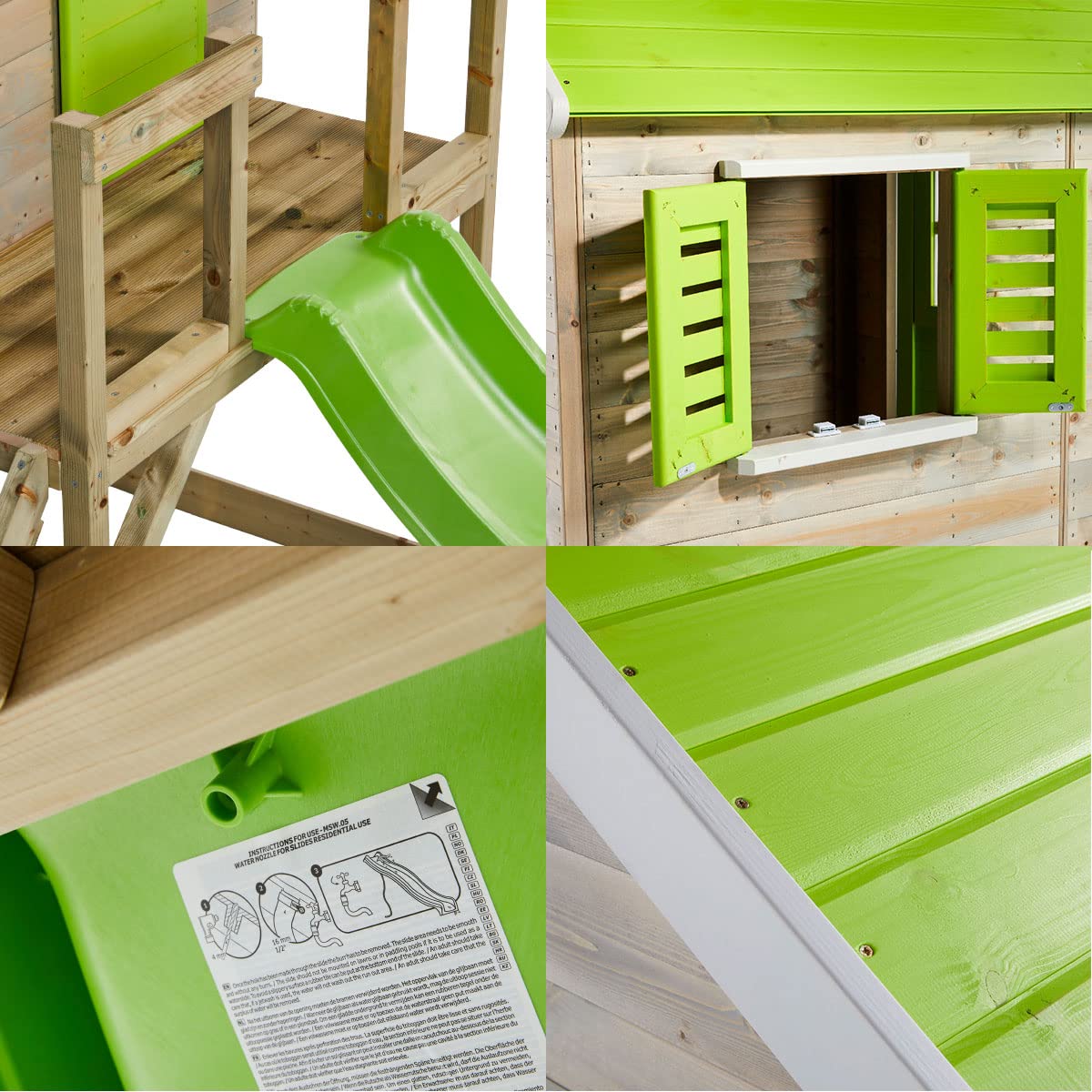 Kangui – Casa de jardín infantil exterior – Cabaña de madera con plataforma, tobogán y doble columpio – Techo impermeable – Verde y blanco