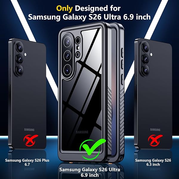 SPIDERCASE Designed for Samsung Galaxy S26 Ultra Case Waterproof,Built-in Screen & Camera Lens Protector[IP68 Underwater] [Military Grade Shockproof] Full Body Protection Phone Case,Black/Clear - 3