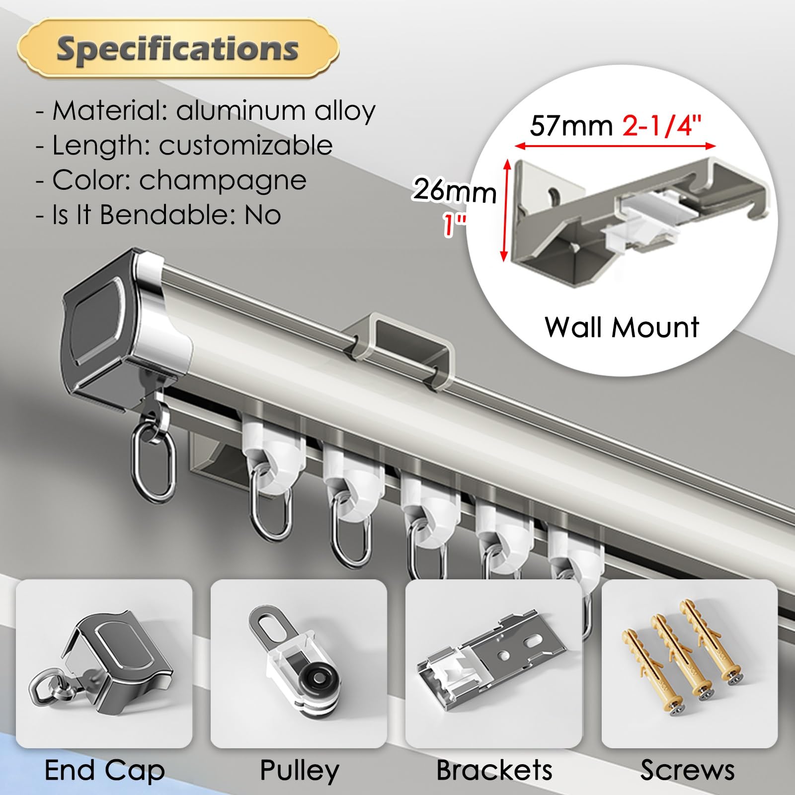 ZJKXJH Curtain Track Ceiling Mount/Wall Mounted, 4ft 12 Feet 20ft 24' 32 Foot 40ft Cuttable Aluminum Sliding Curtain Rail, Living Room/Bedroom/Hotel Room Divider Tracks(Wall Mount,4ft/1.22m)