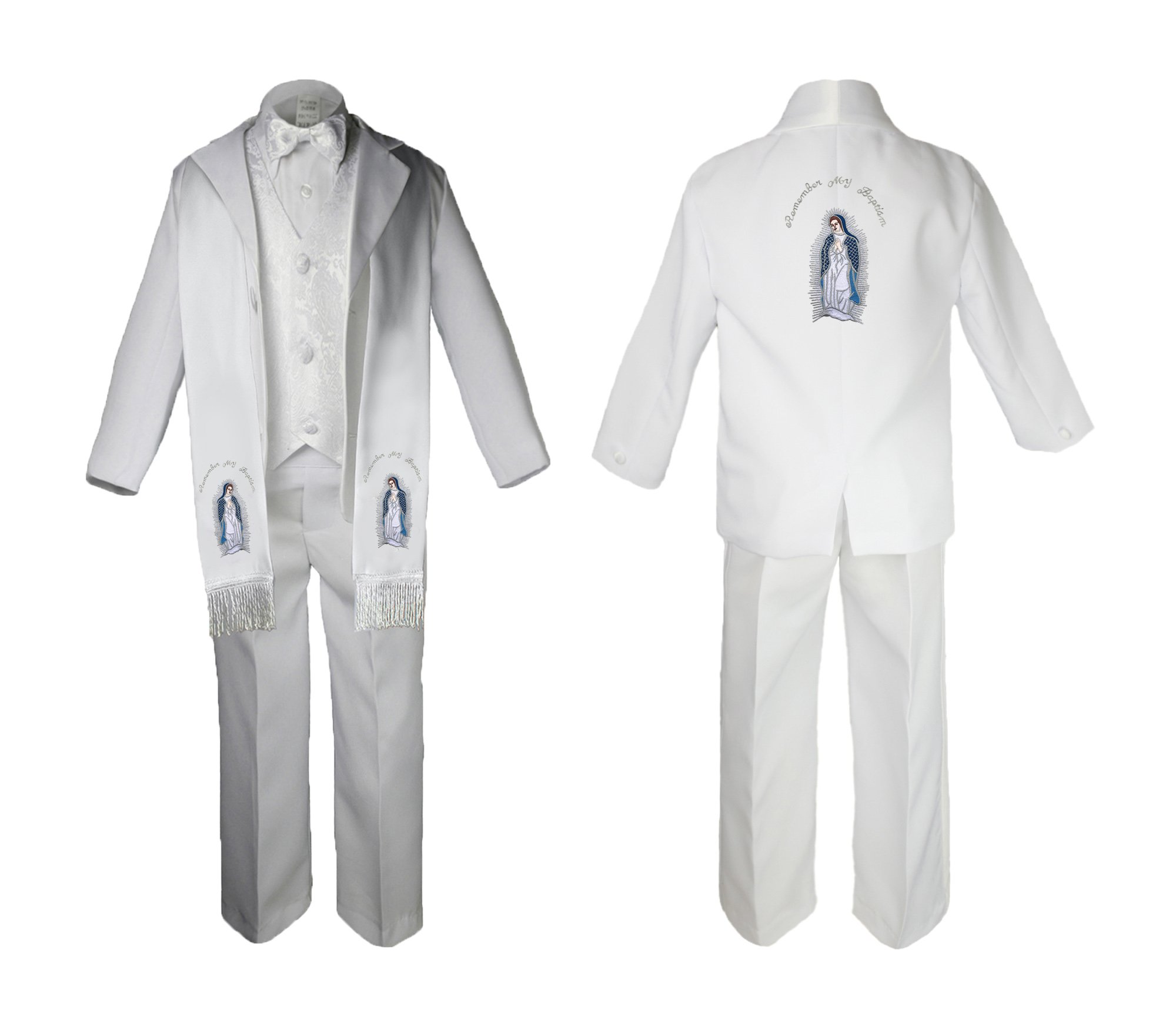 Unotux Baby Boy Christening Baptism Formal White Suit Stole Back Guadalupe Maria Sm-7 (5, Full Color Silver English)