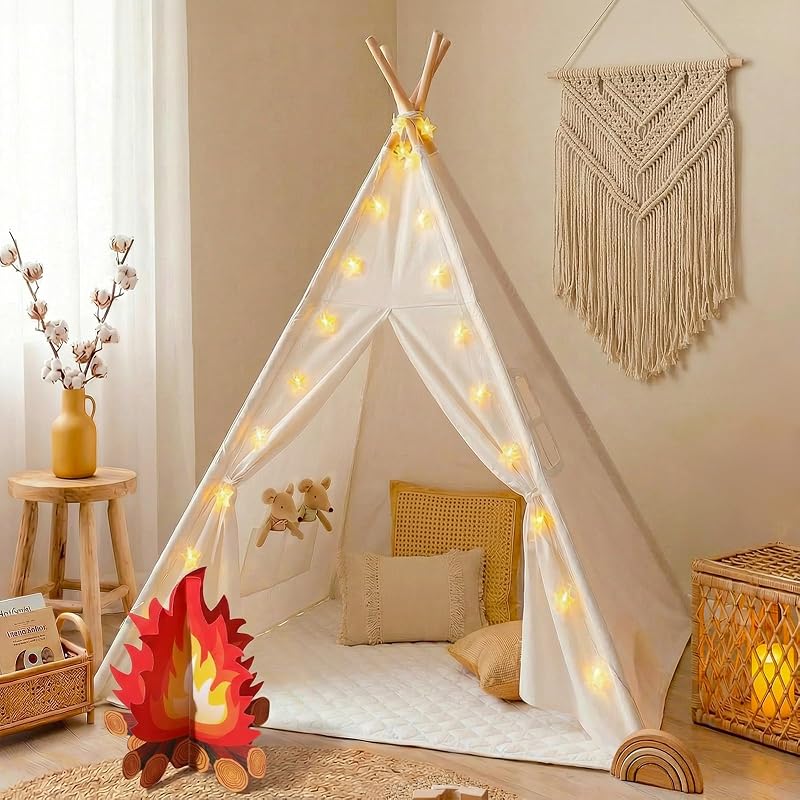 Teepee Tent for Kids with Star Lights, Mat & Campfire Toy, Premium Cotton Canvas Kids Play Tent with Wooden Poles, Foldable Indoor Outdoor Playhouse with Carry Bag, Gift for Boys