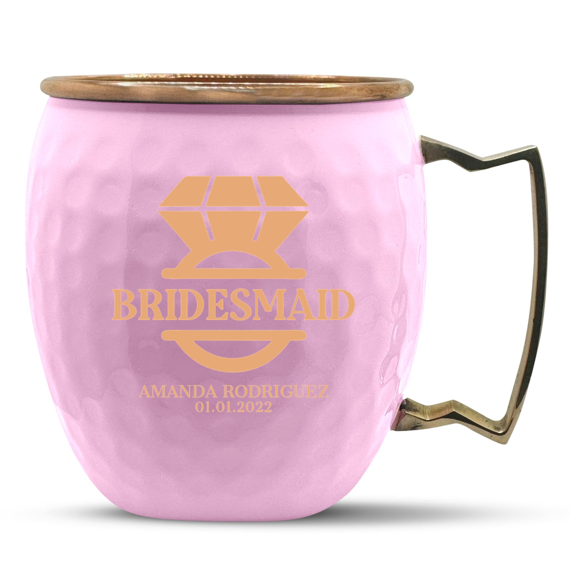 Custom Copper Moscow Mule with Hammered Painted Finish - Engraved Bar Style 100% Copper Cup with Personalized Diamond Ring Monogram Wedding Themed Engraving, Brass Handle | 18 oz, Pink