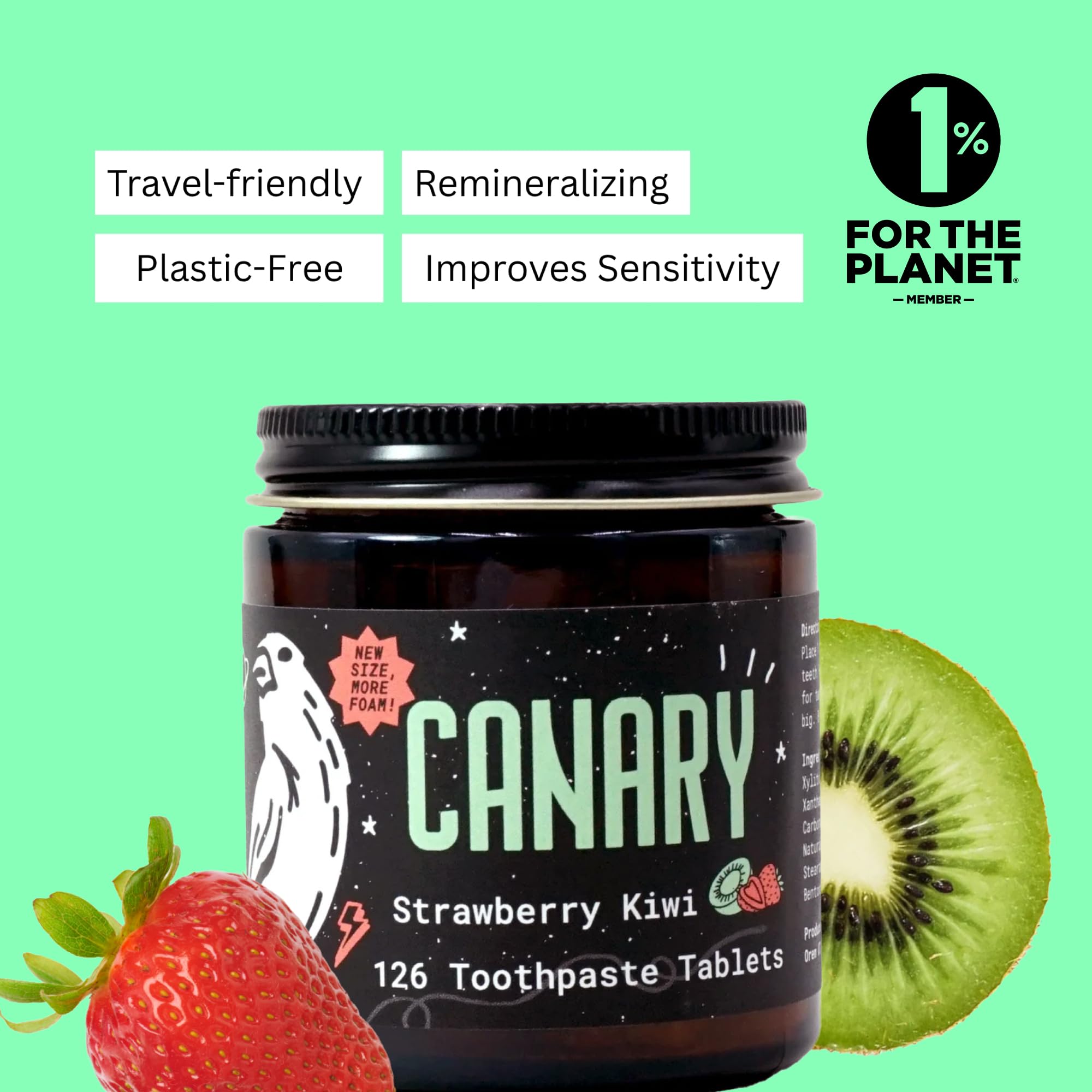 Canary Nano Hydroxiapatite - Pastillas de pasta de dientes de fresa y kiwi, remineralizantes, sin flúor, pestañas naturales con xilitol, ideal para niños, sin plástico, 126 unidades