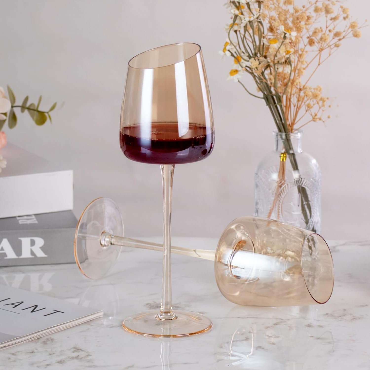 KAMMAK Wine Glasses Set of 2, 9.47 oz Hand Blown Crystal Bordeaux Wine Glasses, Thin Rim & Long Stem, Perfect for Red & White, Daily Use, Wedding or Birthday Gift with Gift Box, XH-H240 Amber