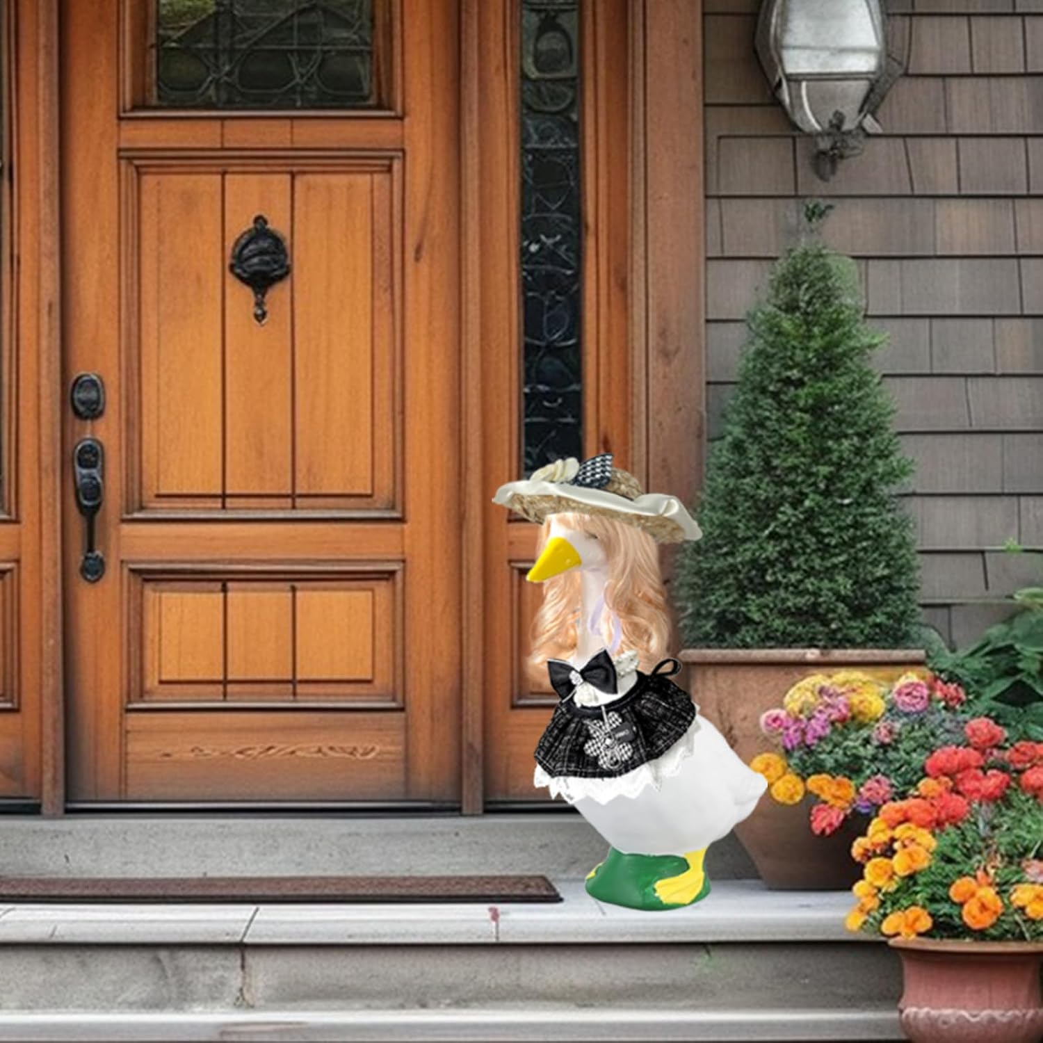 Elegant Lady Porch Goose Outfits with Blonde Curly Wigs, 23"/ 17" Lawn Goose Statue or Plastic Goose Clothing Porch Garden Outdoor Decor Costume, Black&White