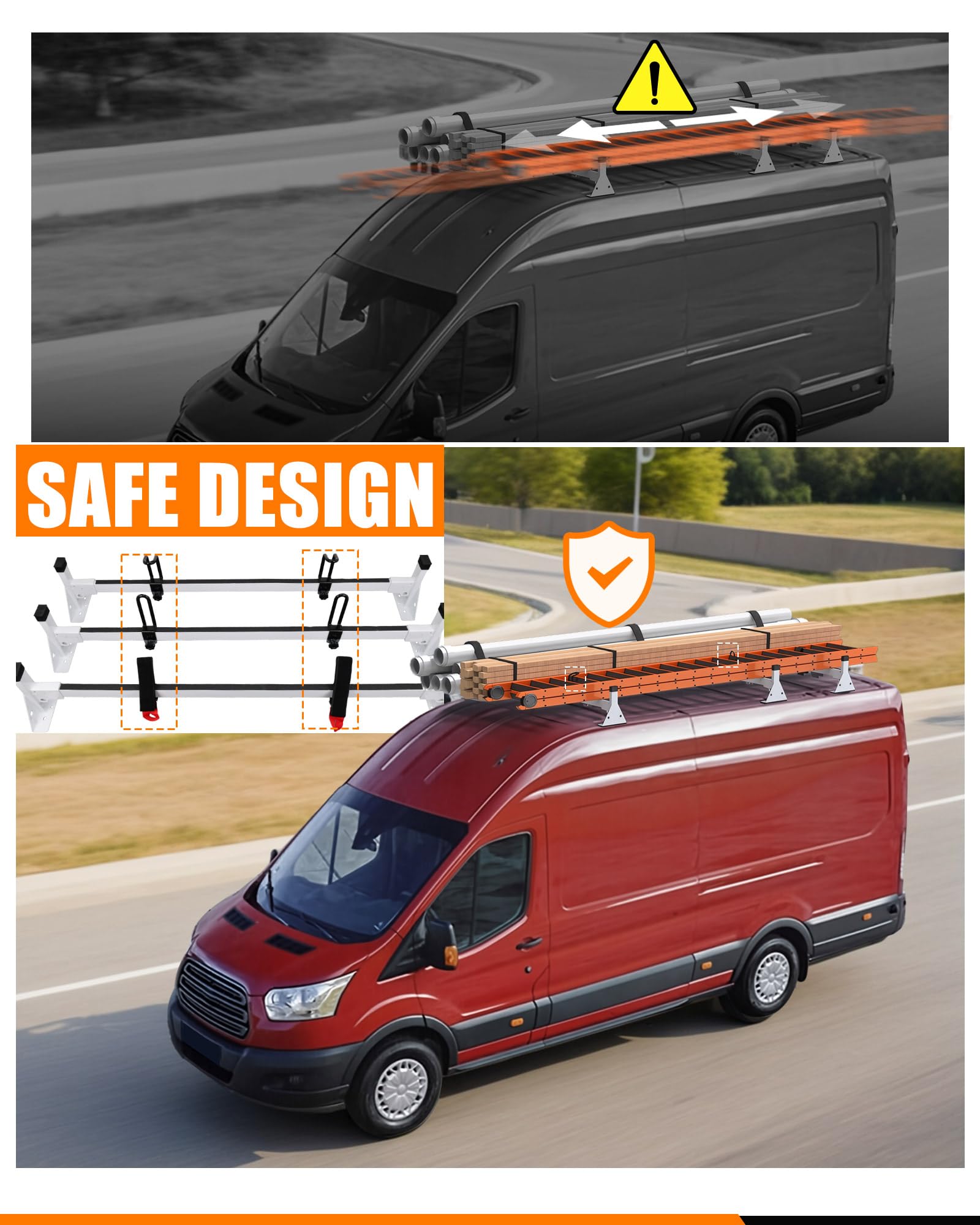 54" 3-Bar Ladder Roof Rack With Cargo Roller For 2015-2024 Ford Transit Cargo Van