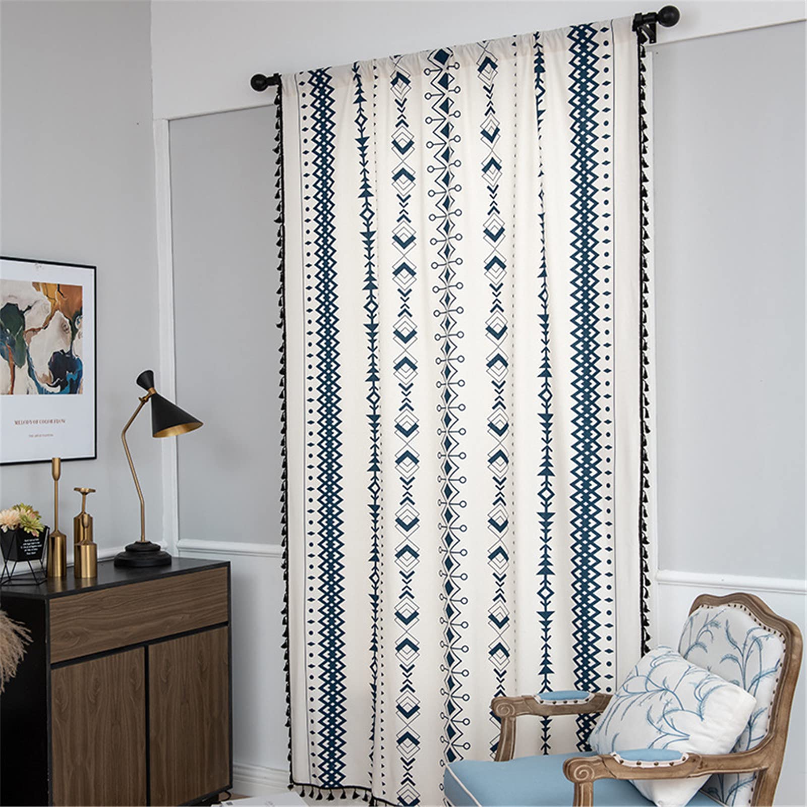 SWECOMZE 1 tenda in lino boho, effetto lino, con nappa, per soggiorno, camera da letto, motivo geometrico, tenda oscurante (stile B, 160 x 150 cm (A x L)