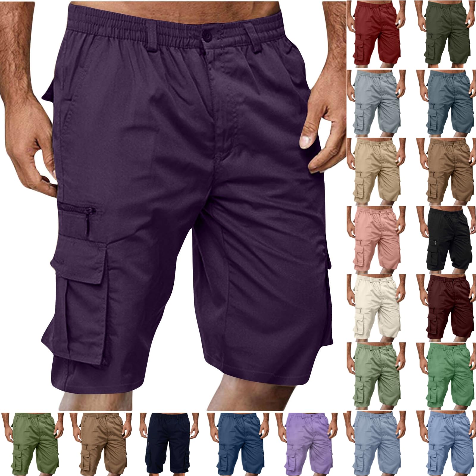 Cargo Shorts for Men,Summer Casual Elastic Waist Big Tall Baggy Shorts Lightweight Hiking Short with Multi Pockets