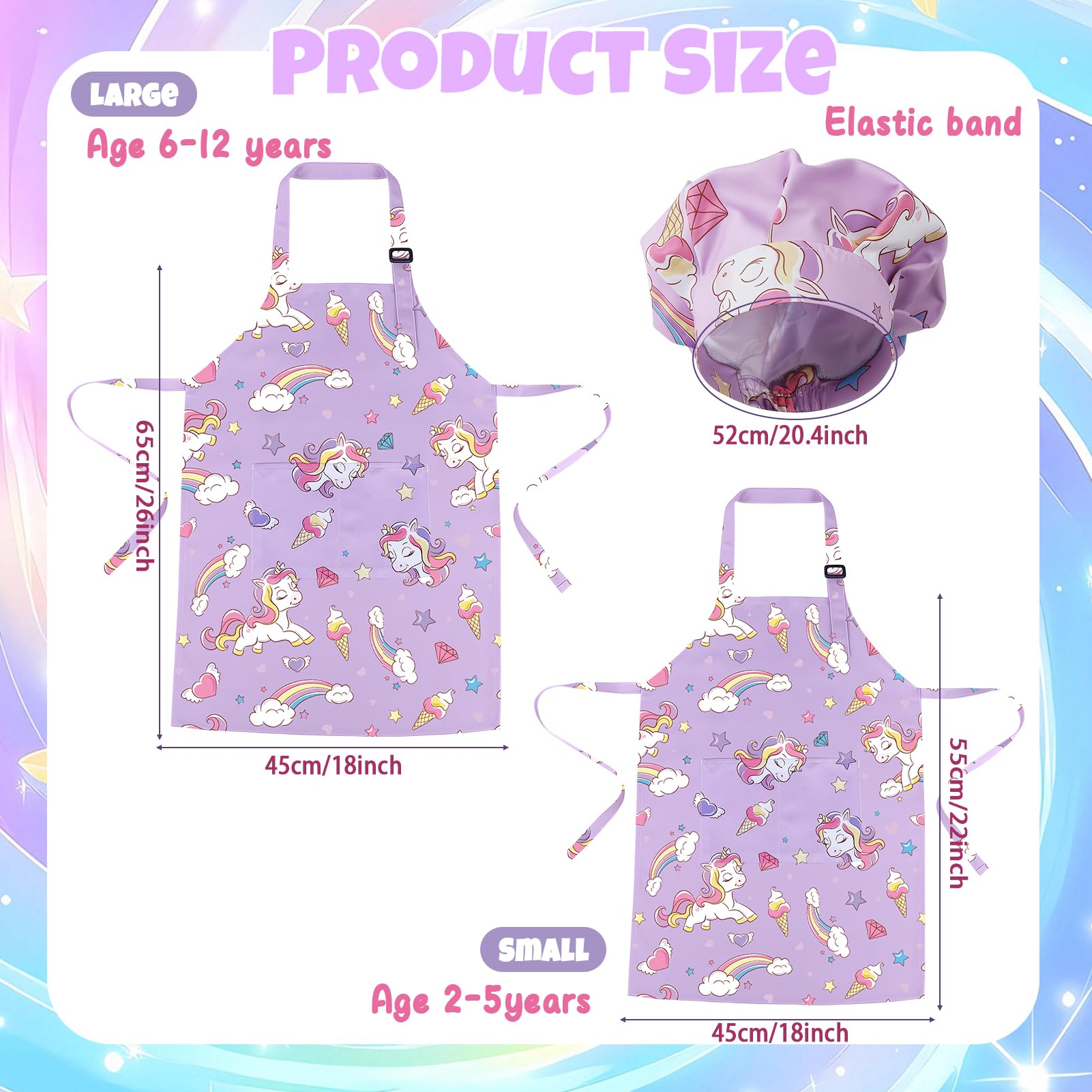 saerryor Unicorn Apron and Chef Hat for Kids Adjustable Children's Apron with 2 Pockets for Kitchen Cooking Baking Painting Gardening,Cute Unicorn Gift for Boys Girls,S - Image 2