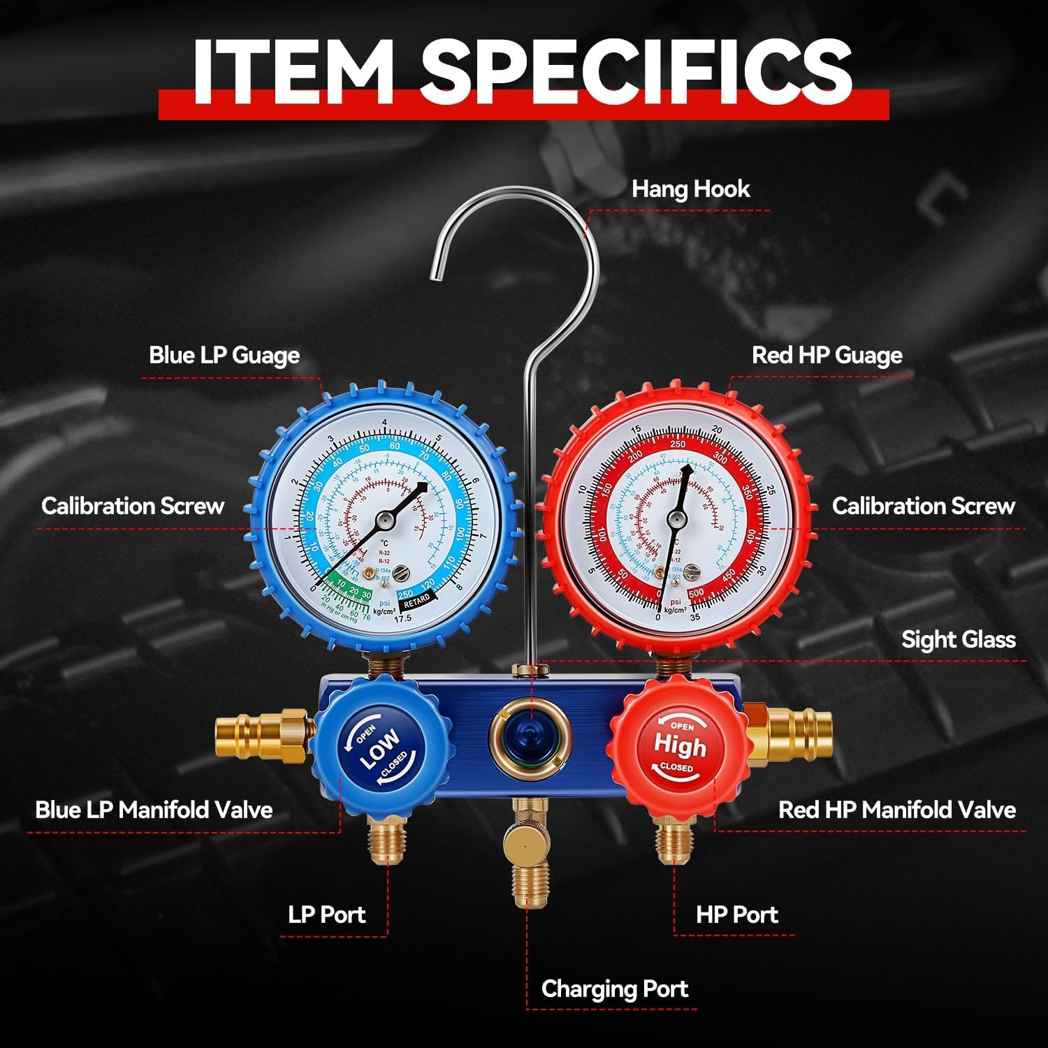 Auto Dynasty 3 Way AC Gauge Set Diagnostic Manifold Gauge Set Tools Kit Air Conditioning Line Repair Tools for R410 R22 R134A R404 Refrigerants Charging, Red