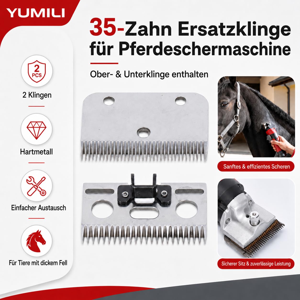 Pferdeschermaschinen Klingen, 35 Zähne Ersatzklingensatz für Schermaschine Pferd, Horse Clippers Blade, Hartmetall Viehhaarschneider für Pferden Kühen Ziegen Anderen Tieren mit Dickem Fell Entwickelt