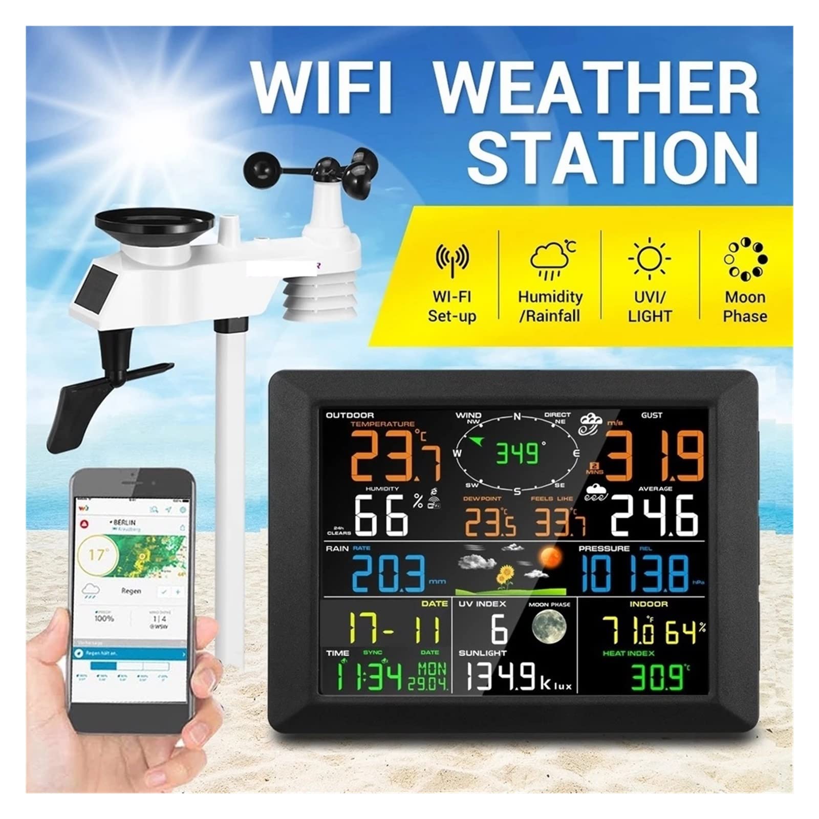 Stazione Meteo Professionale, Stazione meteo Internet wireless con sensore esterno Pluviometro Previsioni Vento Sveglia digitale Barometro Colore