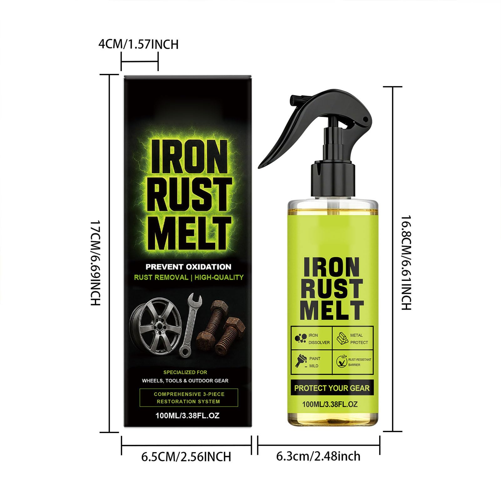 Iron Rust Melt Spray – Rostlöser Für Metall, Schnell Wirkendes Spray Zur Rostentfernung, Eisenoxid-Reiniger Für Felgen, Werkzeuge, Stahlteile, Maschinen Und Outdoor-Ausrüstung (3Set)