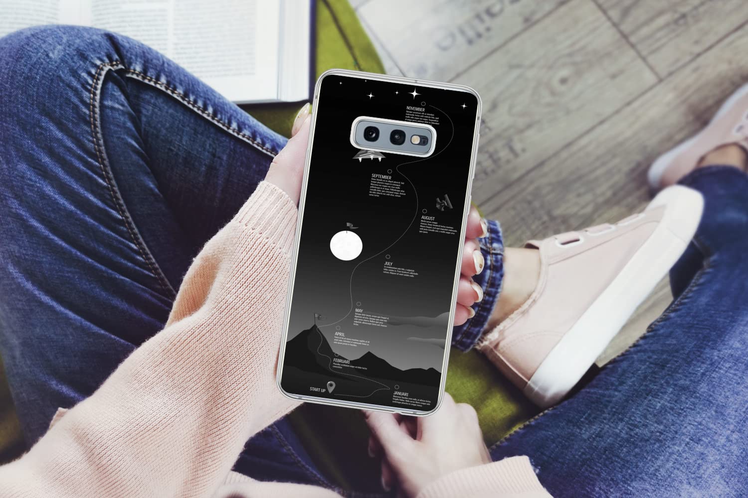 MuchoWow Funda para Samsung Galaxy S10e - Ilustración Estrategia empresarial en el Espacio - Blanco y Negro - Funda de Silicona/Funda Blanda para teléfono móvil