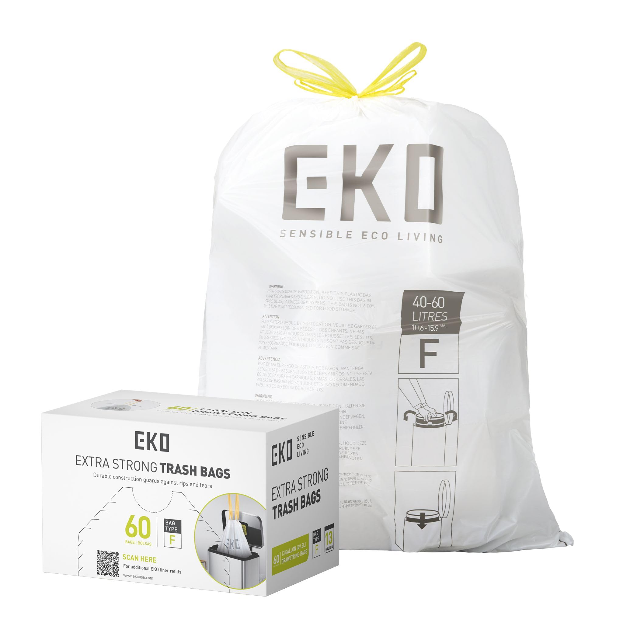 13 Gallon / 40-60 Liter, 60 Count Drawstring Trash Bags, Extra-Strong Unscented Garbage Bags, Easy-Dispense Roll for Kitchen & Household Use, Leak-Resistant, Code F, White