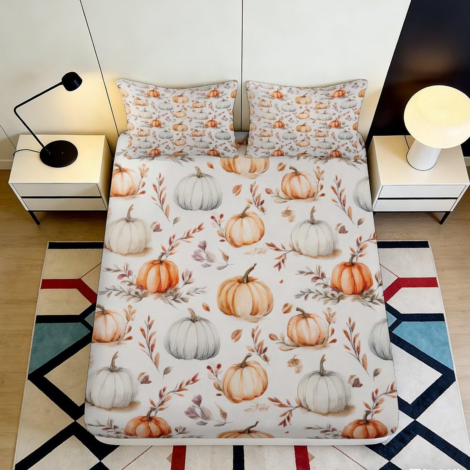 3D Printed Pumpkin Autumn Fitted Sheet Microfiber Soft Breathable Harvest Leaves Bed Cover for Bedroom Guest Room Decor 90x200x25cm