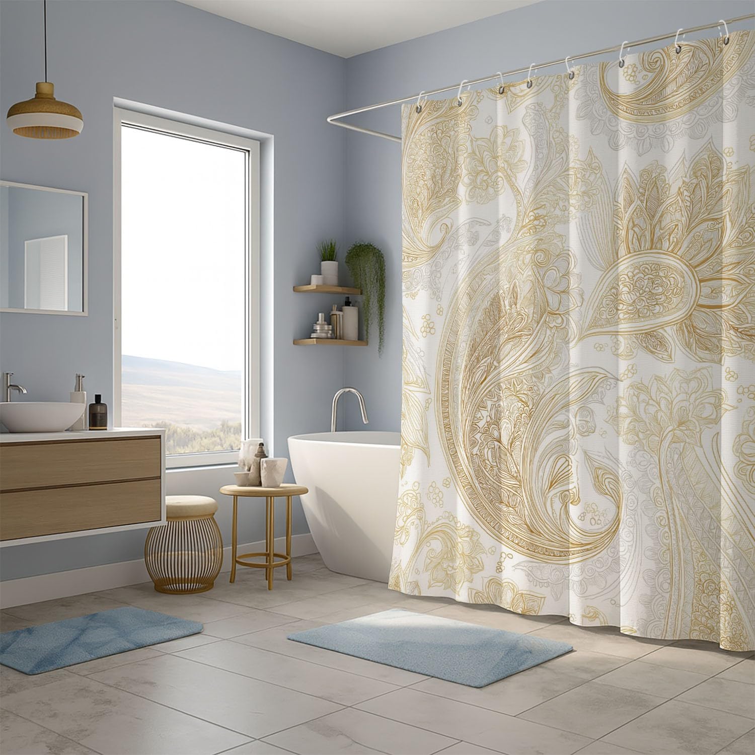 Generico Moderno Tenda Da Doccia Lusso Fantasia paisley Beige Bianco, Tenda Da Doccia Per Bagno, Vasca Da Bagno, Tenda In Poliestere Impermeabile Con Ganci In Plastica, 180 x 200 cm