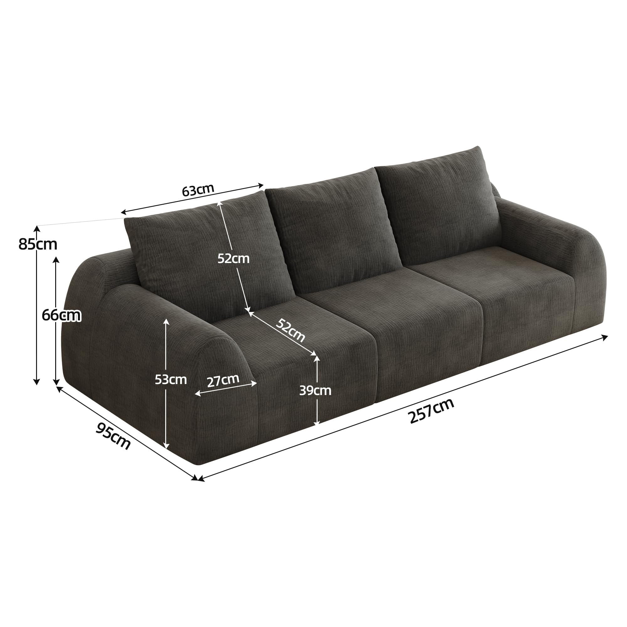 257 cm sofa kompresyjna, ciemnoszara, szenilowa, bez montażu, do salonu