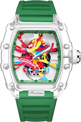 PINTIME Mens Luxury Tonneau Fashion Hallow Punk Graffiti Art Dial Hip-hop Unique Sports Wrist Watch Japanese Movement Luminous Design with Silicone Band