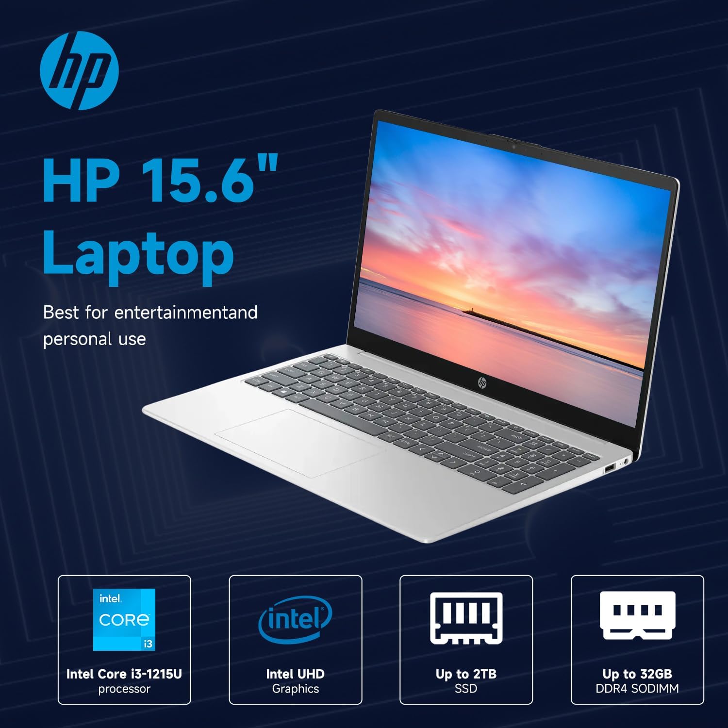 HP Essential Laptop, 15.6" HD Touchscreen, Intel Core i3-1215U, 32GB RAM, 2TB SSD, Webcam, Type-C, Wi-Fi 6, Windows 11 Home, Silver, Bundle with Thunderobot ML101-green Mouse