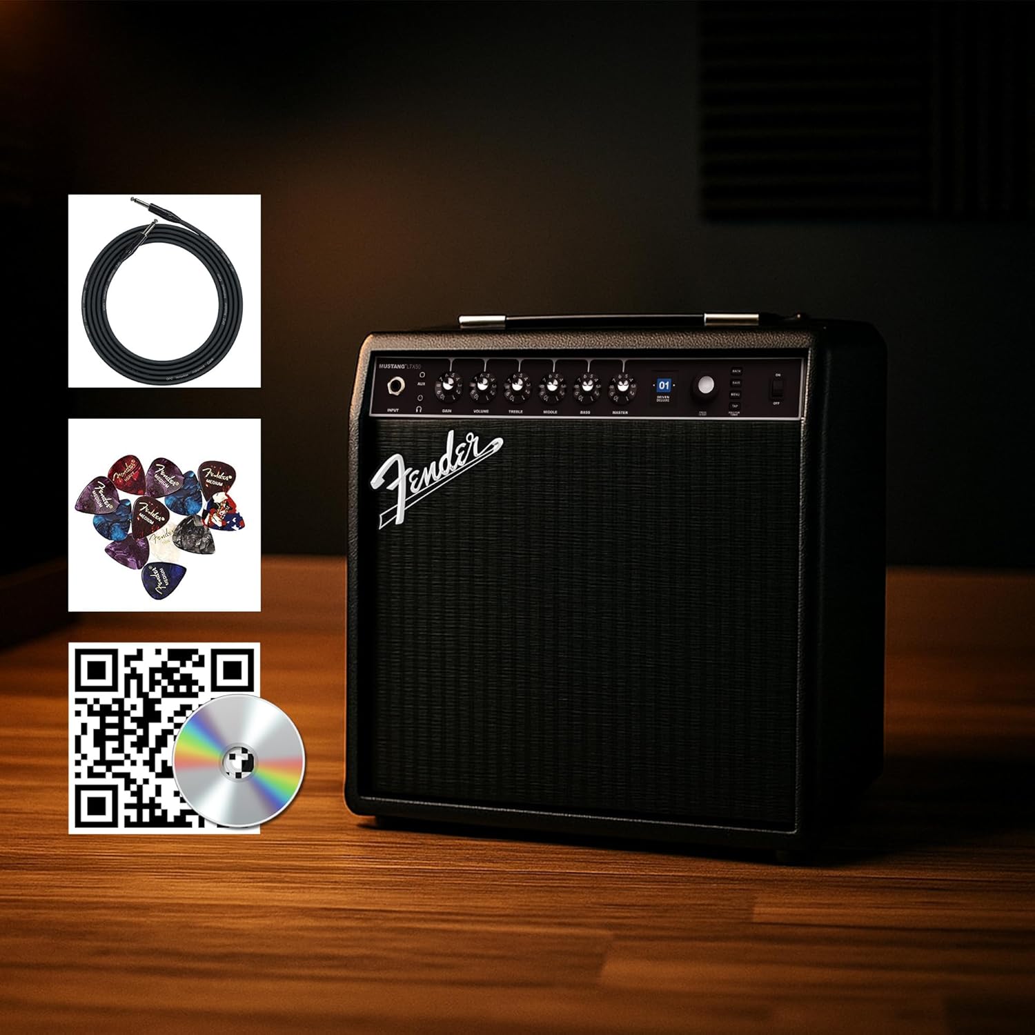 Fender Mustang LTX50 Guitar Combo Amplifier with included instrument cable, guitar picks, and instructional DVD