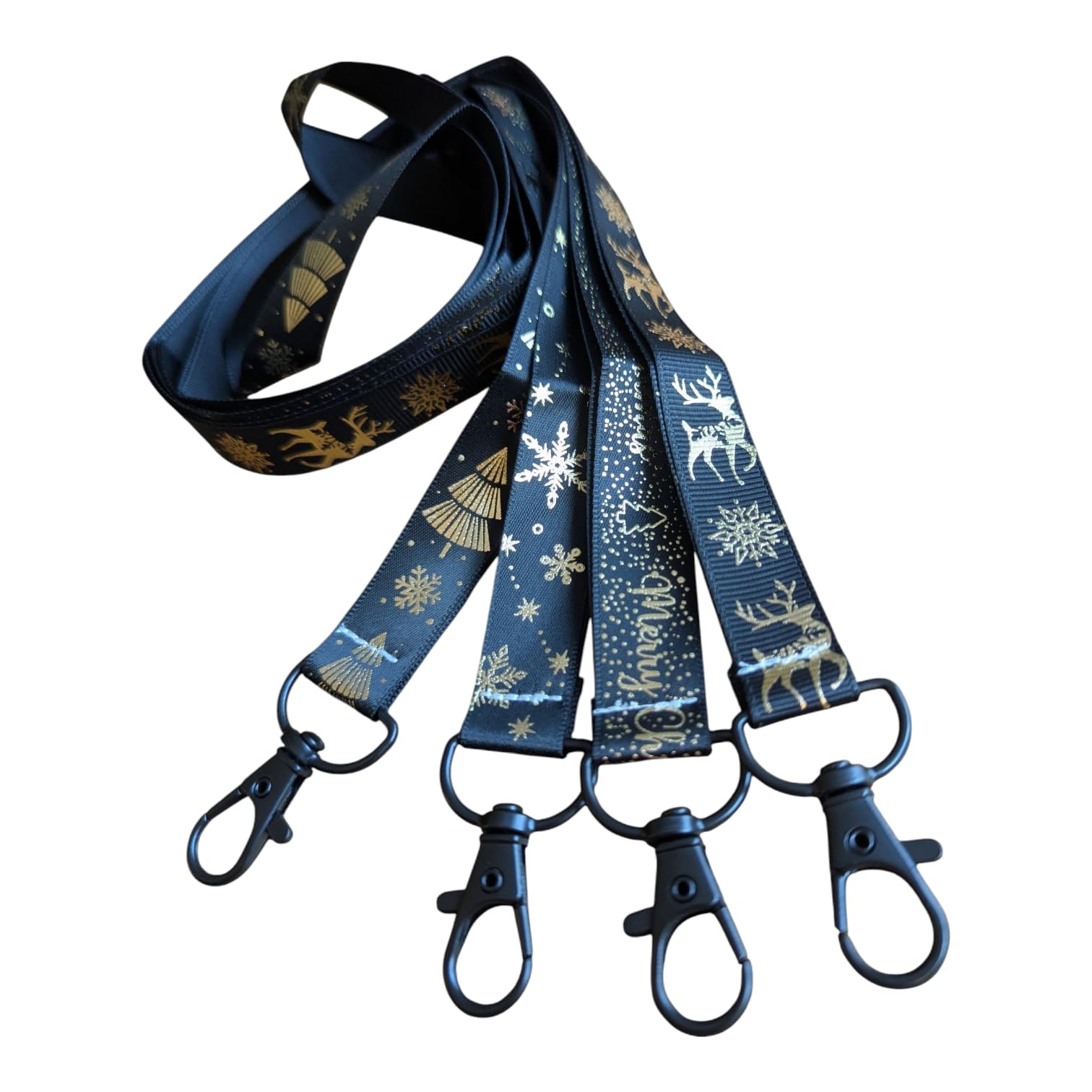 Christmas Print Ribbon Lanyard 2cm Satin Neck Strap with Lobster Clasp Xmas Satin Badge Holder or Keychain Individual or Bundle Pack (4pc Set - Black Gold Xmas)