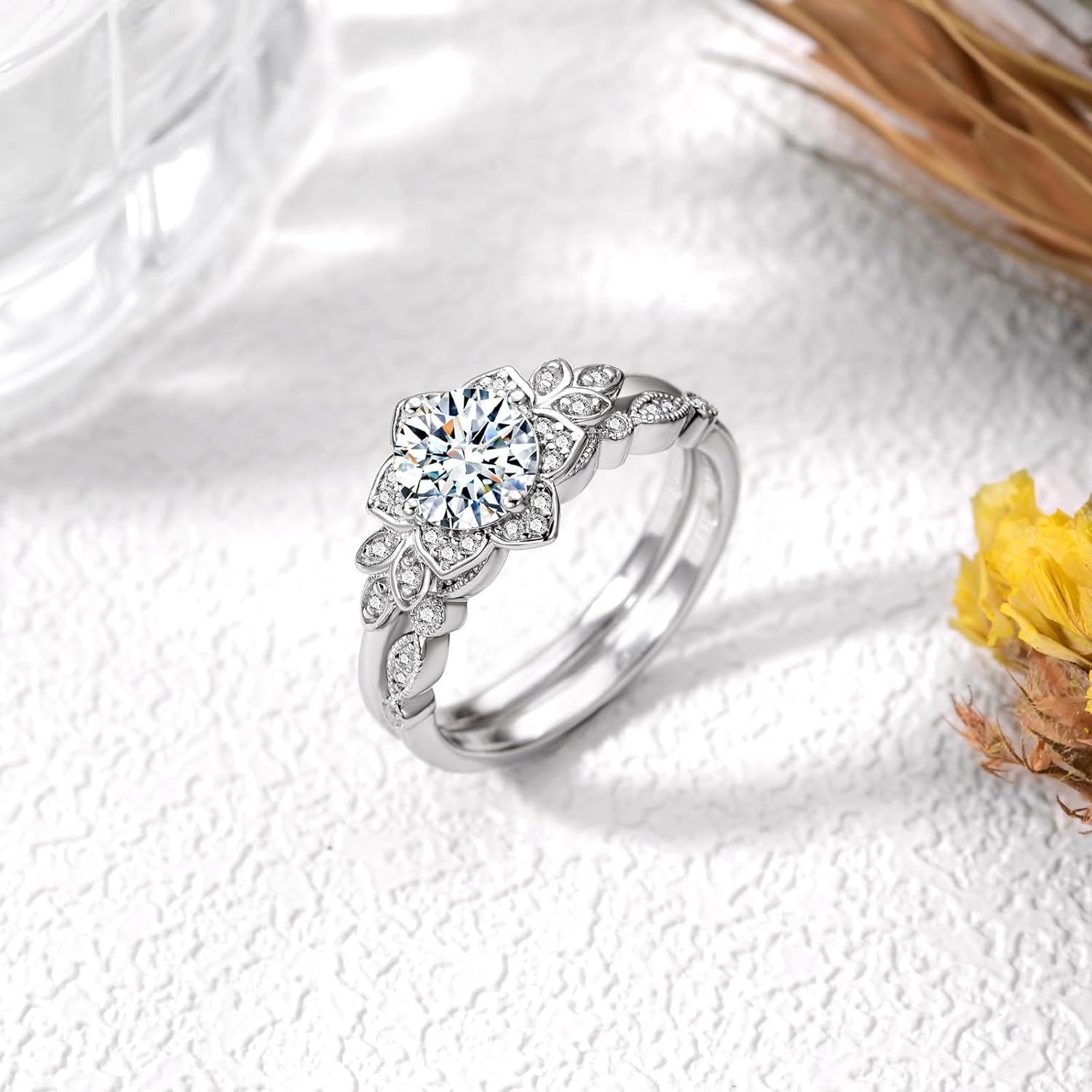 Round Shape Mossanite Wedding Ring Set for Women, 925 Sterling Silver 1 Carat Mossanite Flower Bridal Engagement Ring Set Jewelry Gift for Wife Her