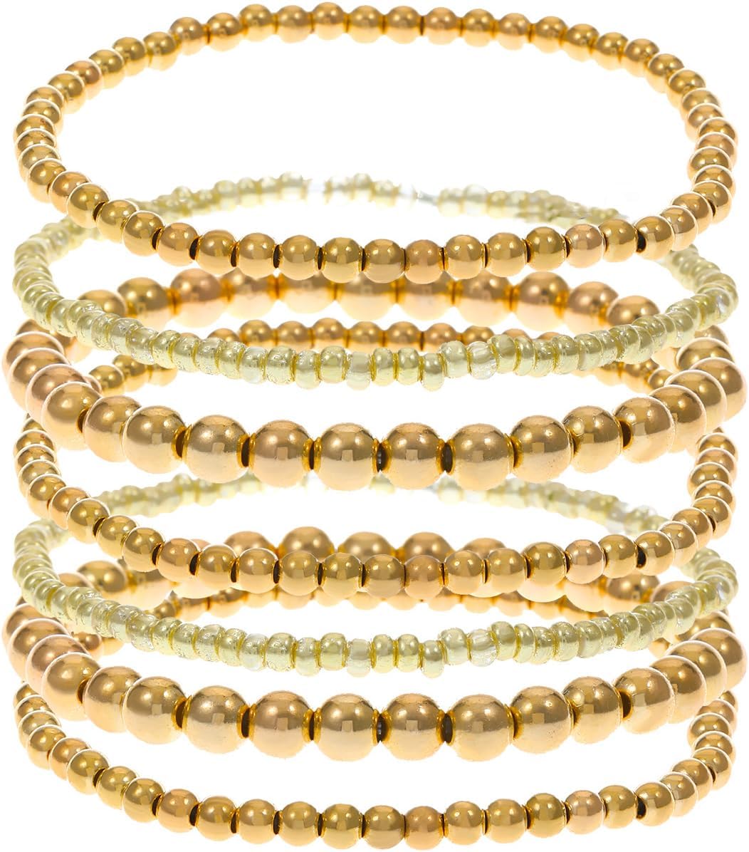 HUJUON 6 Pieces Gold Beads Pearls Bracelet Set, High Polished Multi Layered Stackable Stretchable Bracelets, Statement Jewelry Gifts for Women