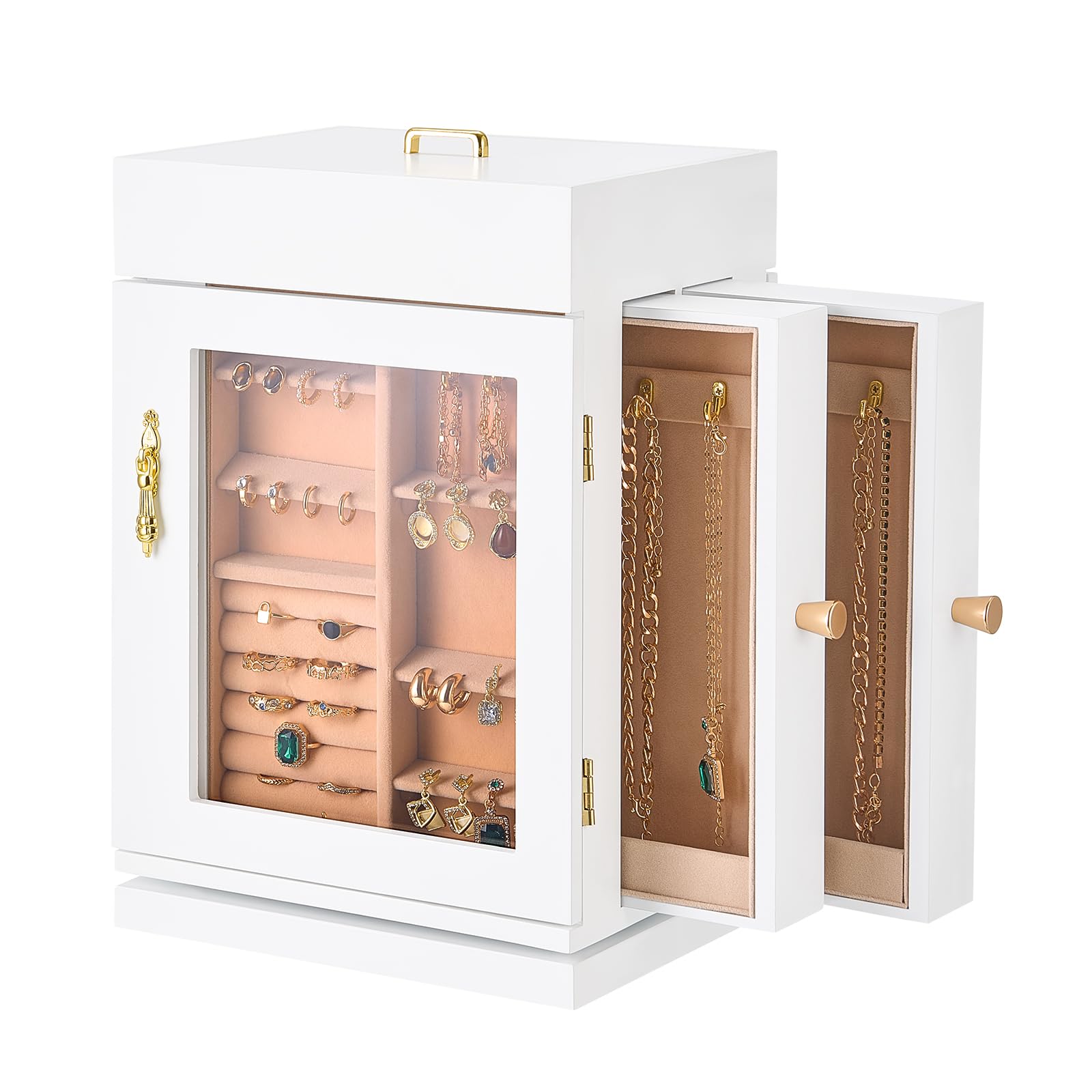 VEVOR Schmuckkästchen 360° drehbarer Schmuckkasten mit magnetischer Tür & Acrylfenster & 4 integrierten Halskettenhaken, Aufbewahrungskoffer mit Metallgriffen, Bodenpolster & weichem Samtfutter