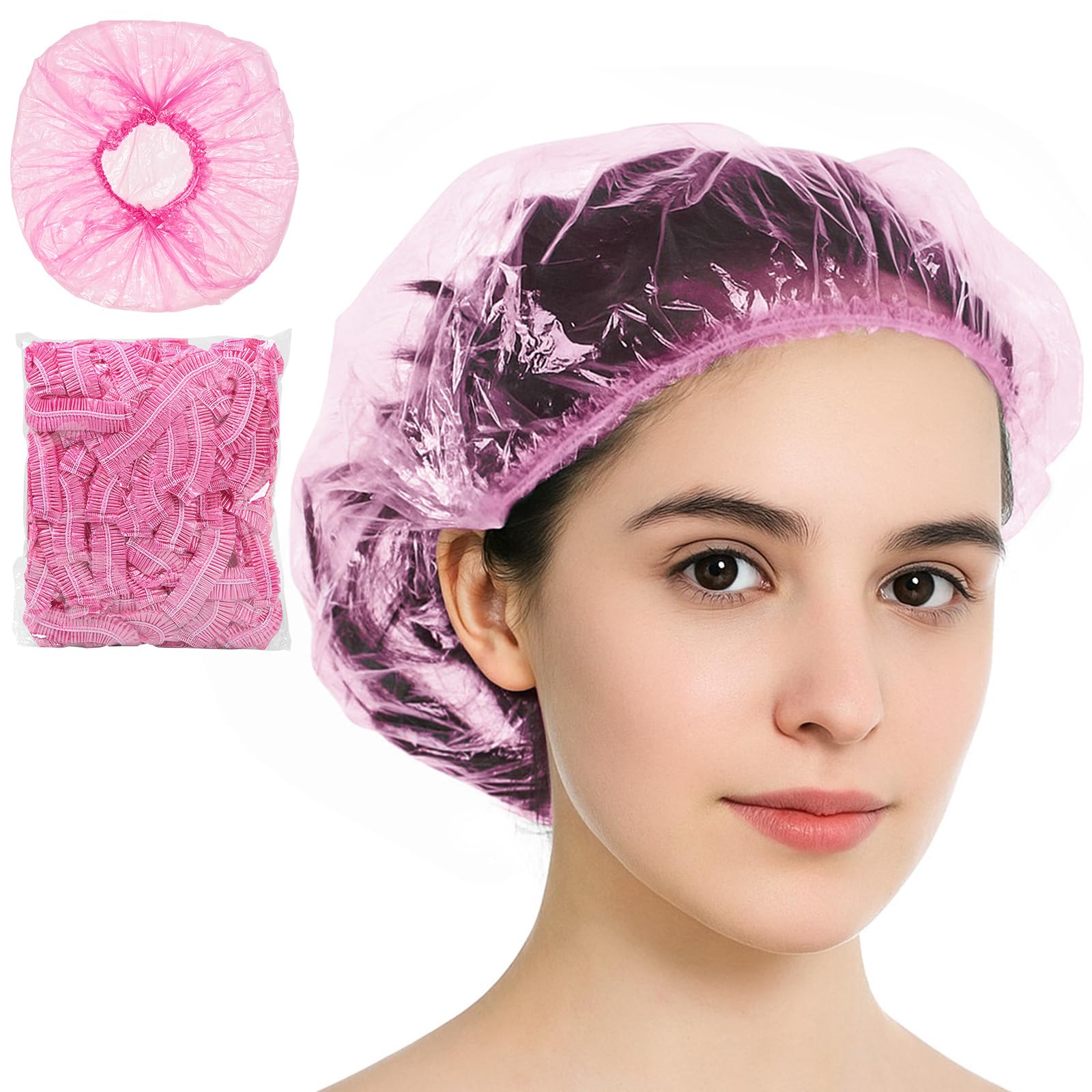 50 Pcs Disposable Shower Hat, Waterproof Plastic Shower Caps for Women, Hair Treatment Hats for Salon Spa Travel Home Hotel Shower Use - Pink