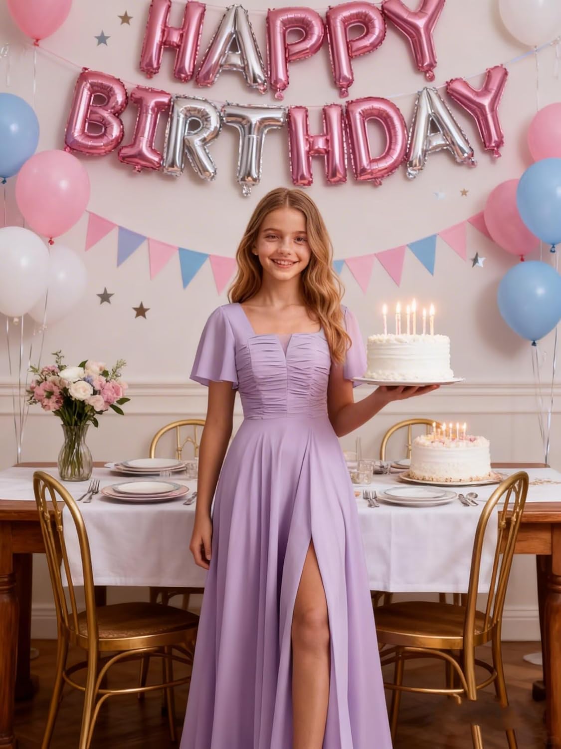 Flutter Sleeves Junior Bridesmaid Dresses Long Chiffon Pleated Girls Formal Dress with Slit Wedding Party Gowns